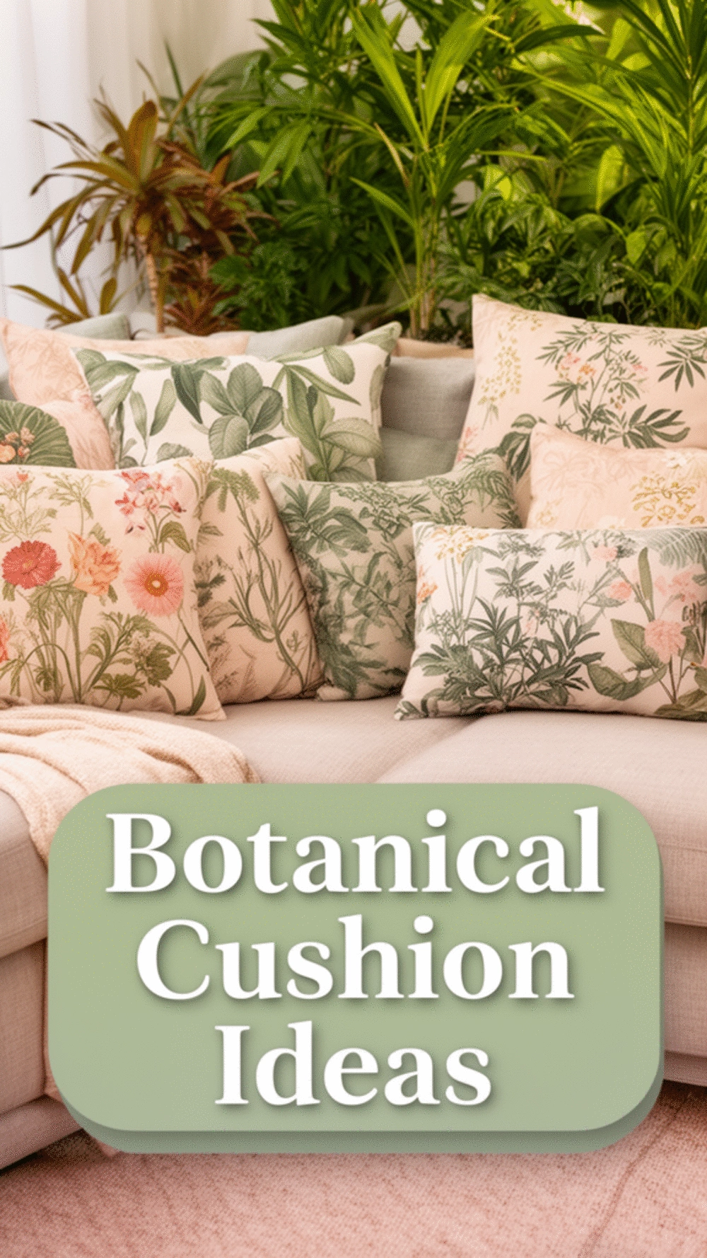 Living Room Botanical Print Textile Cushion Set That References an Outdoor Garden Palette