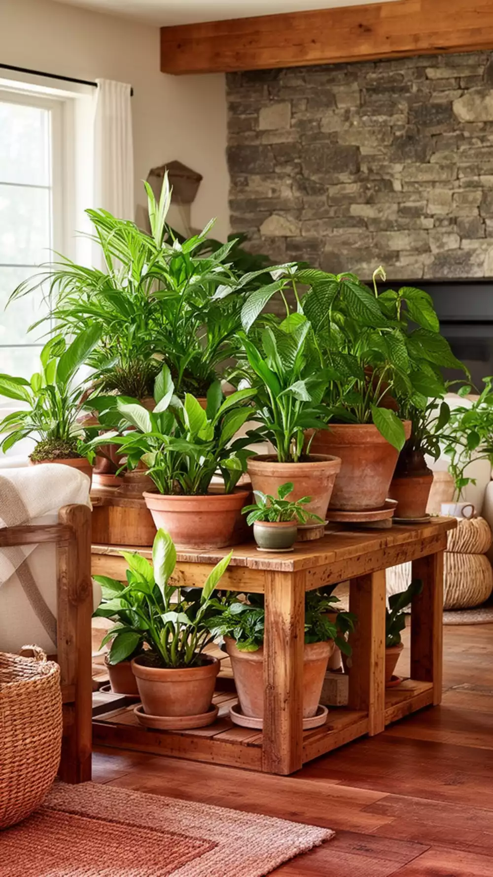 Living Room Biophilic Design Trend on a Budget Using Three Large Potted Plants and Natural Materials