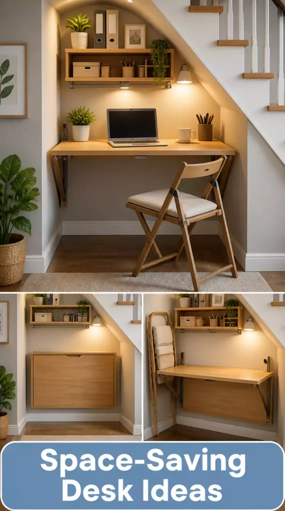 Under-Stair Built-In Desk Nook Created With a Single Shelf and a Folding Chair for Almost Nothing