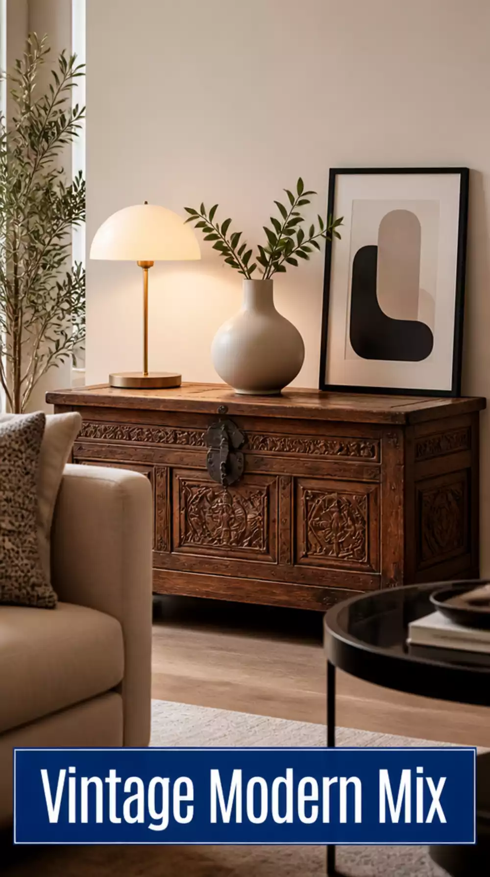 Stylish Living Room with One Antique Piece and Modern Decor