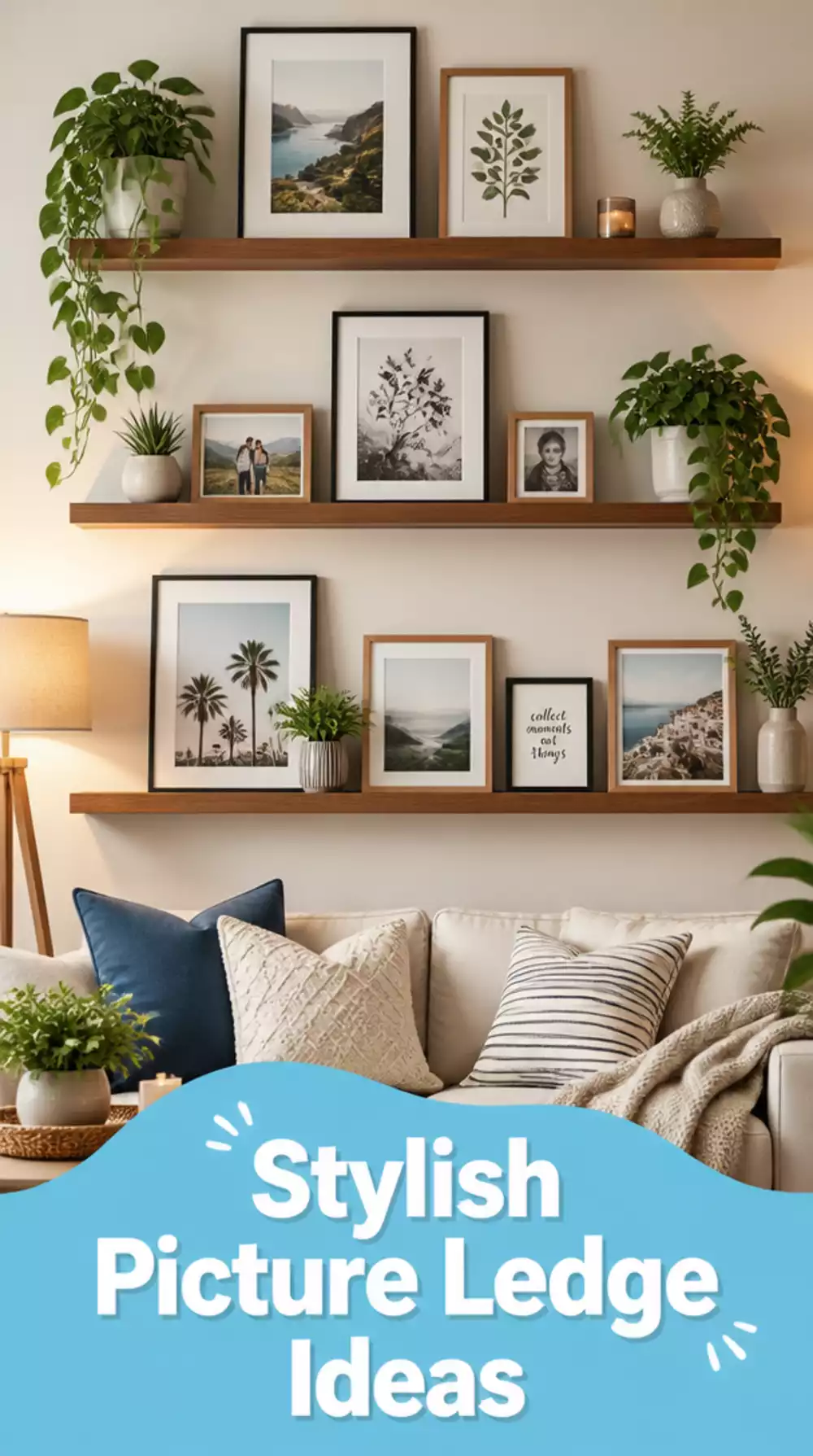 Living Room Picture Ledge Shelf That Displays Art Without Putting Holes in Walls