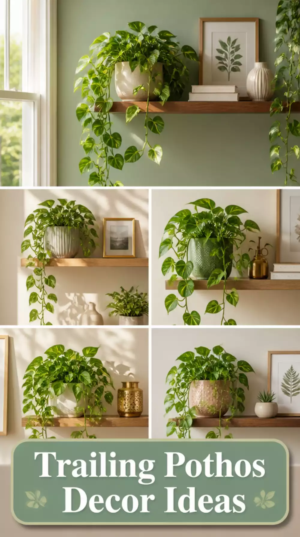 Bedroom Trailing Pothos Plant on a Floating Shelf That Softens a Plain Wall