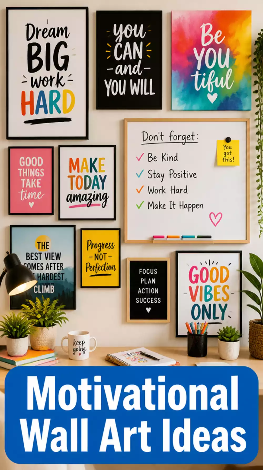Home Office Gallery Wall of Art Prints and a Whiteboard That Keeps the Space Motivating