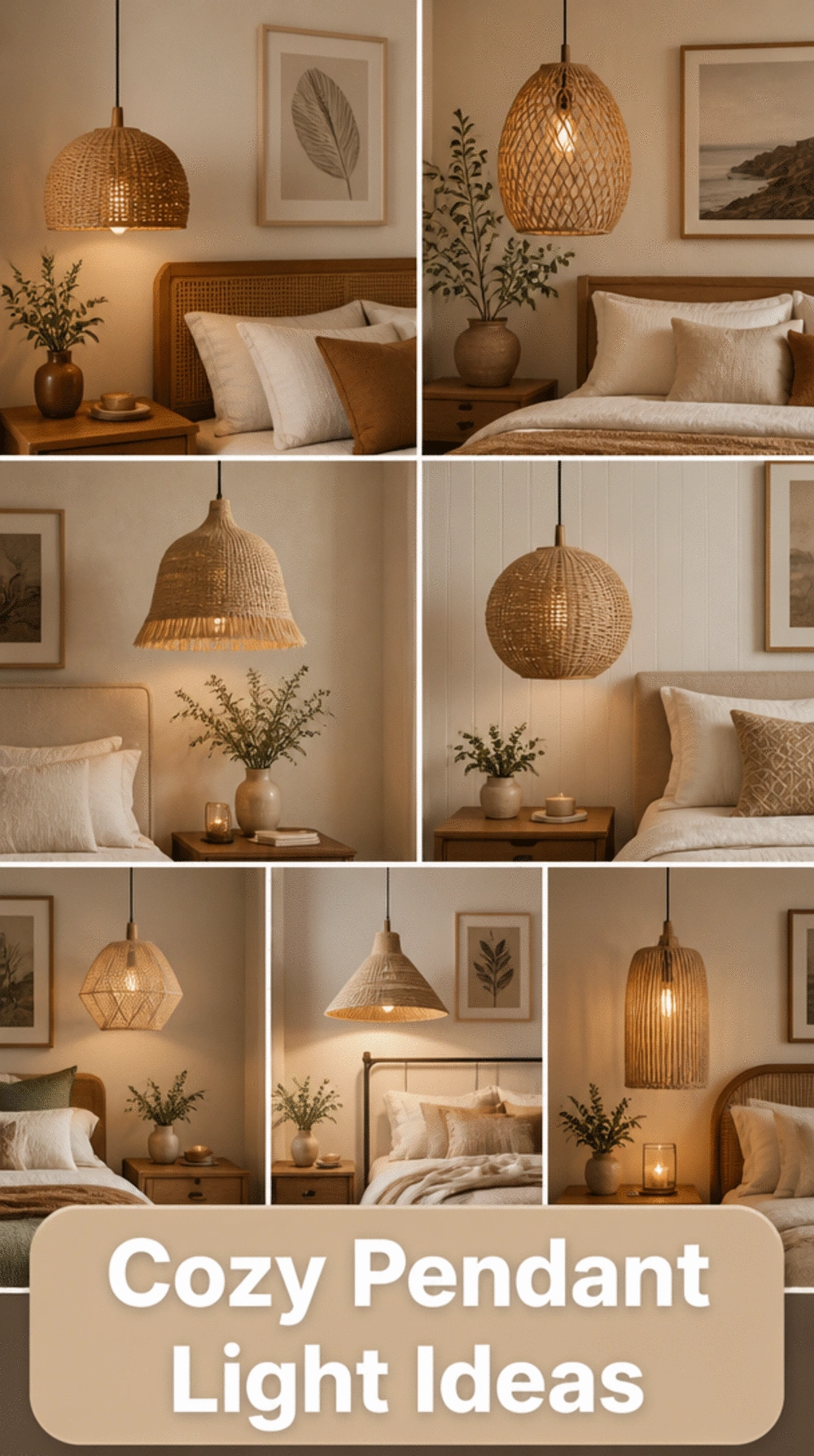 Bedroom Woven Pendant Lamp Shade Hung at a Low Drop Over the Bed for a Cozy Overhead Glow