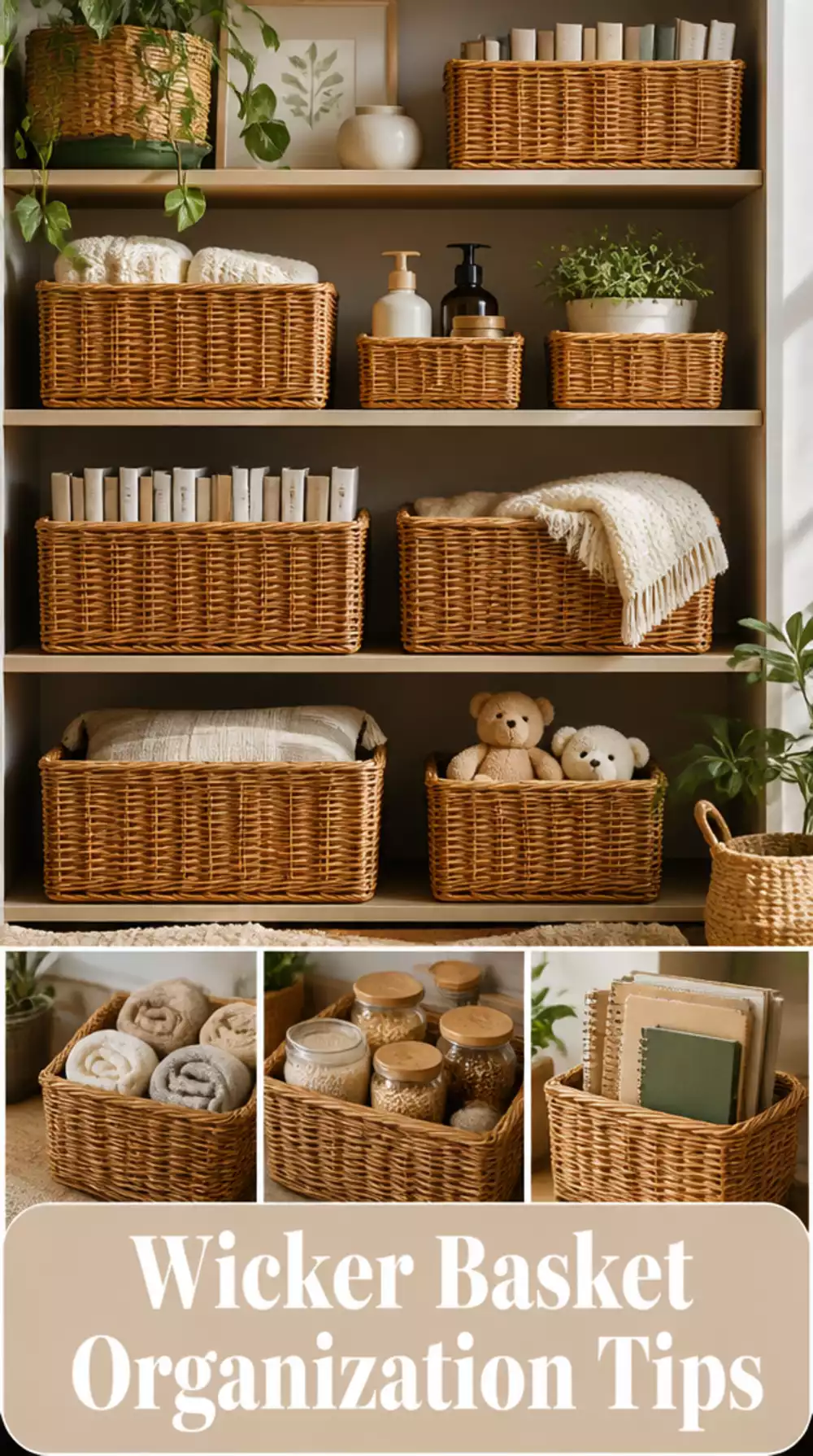 Why a Set of Matching Wicker Baskets on Bedroom Shelves Makes a Small Room Look Tidier