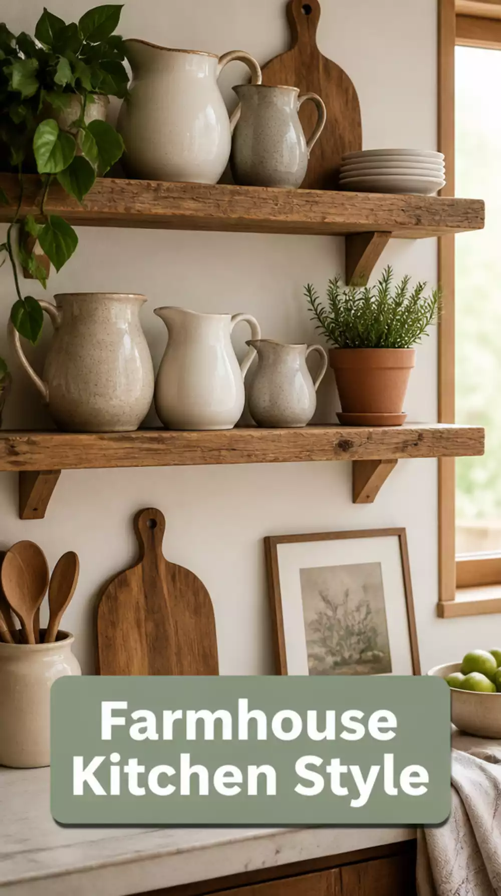 Styled Open Kitchen Shelves with Ceramic Pitchers and Herbs