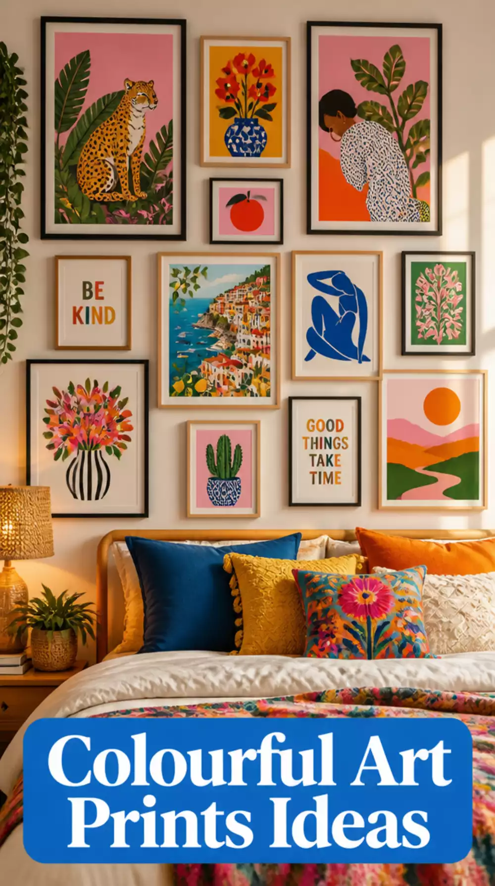 Bedroom Gallery Wall Using a Mix of Colourful Art Prints in Clashing But Coordinated Tones