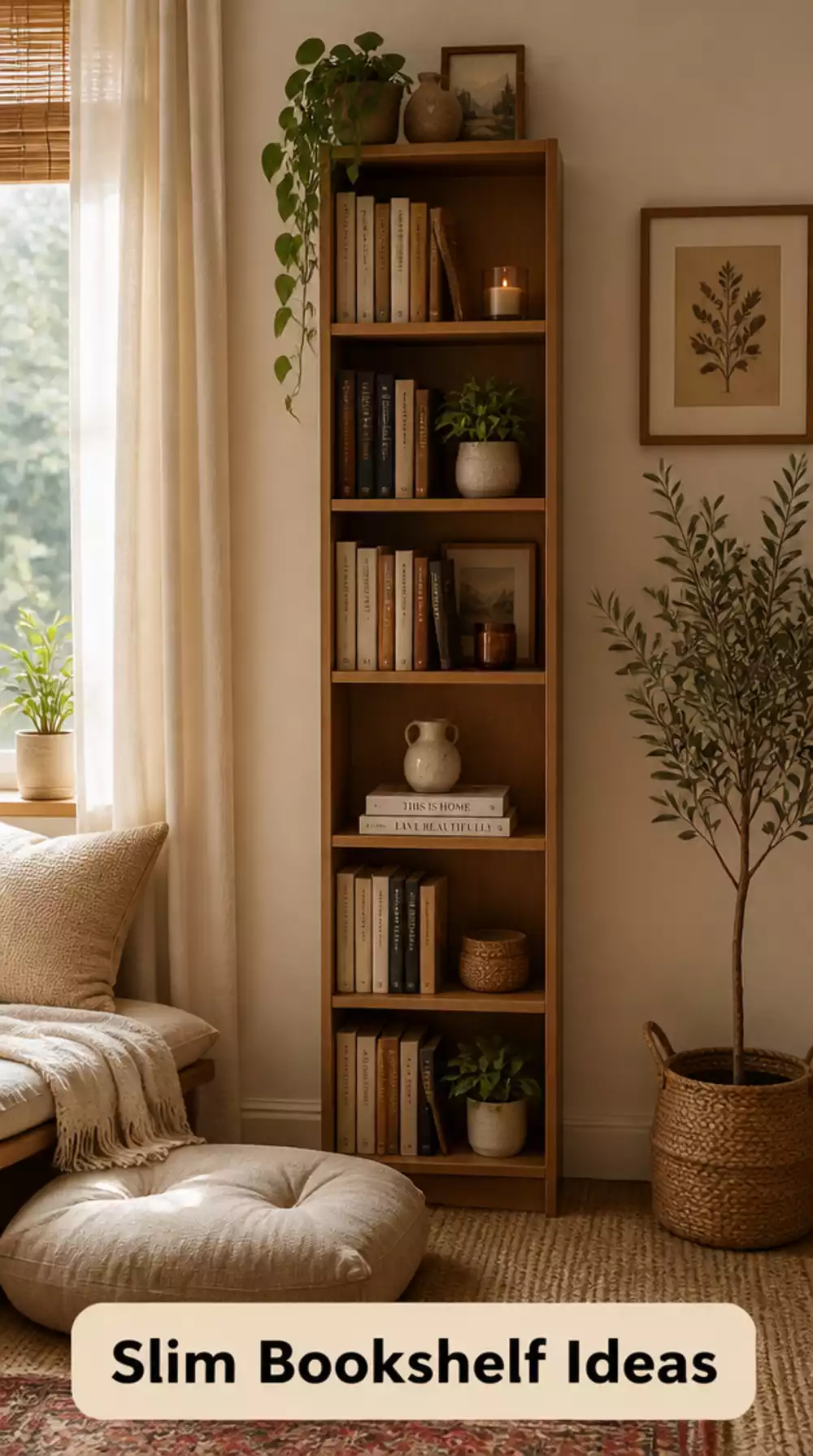 Reading Corner Slim Bookshelf That Holds a Personal Library Without Taking Up Much Space