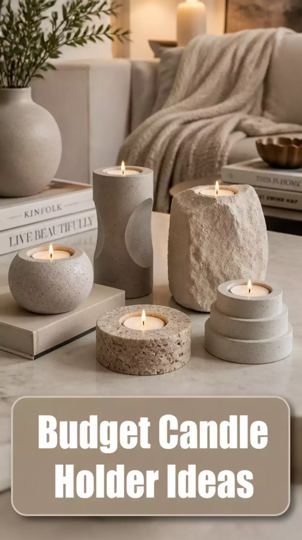 Living Room Stone and Concrete Candle Holder Set in Neutral Matte Tones for a Minimal Look