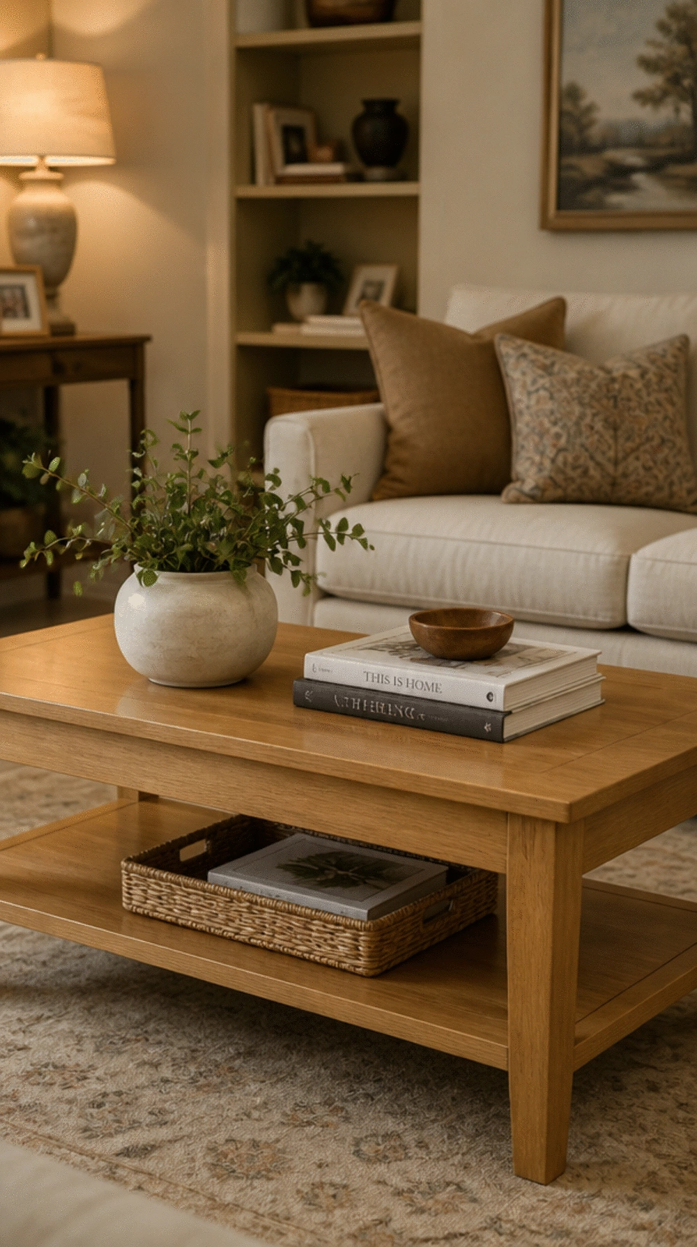 Living Room Natural Wood Coffee Table in a Light Honey Finish for a Warm Grounded Look
