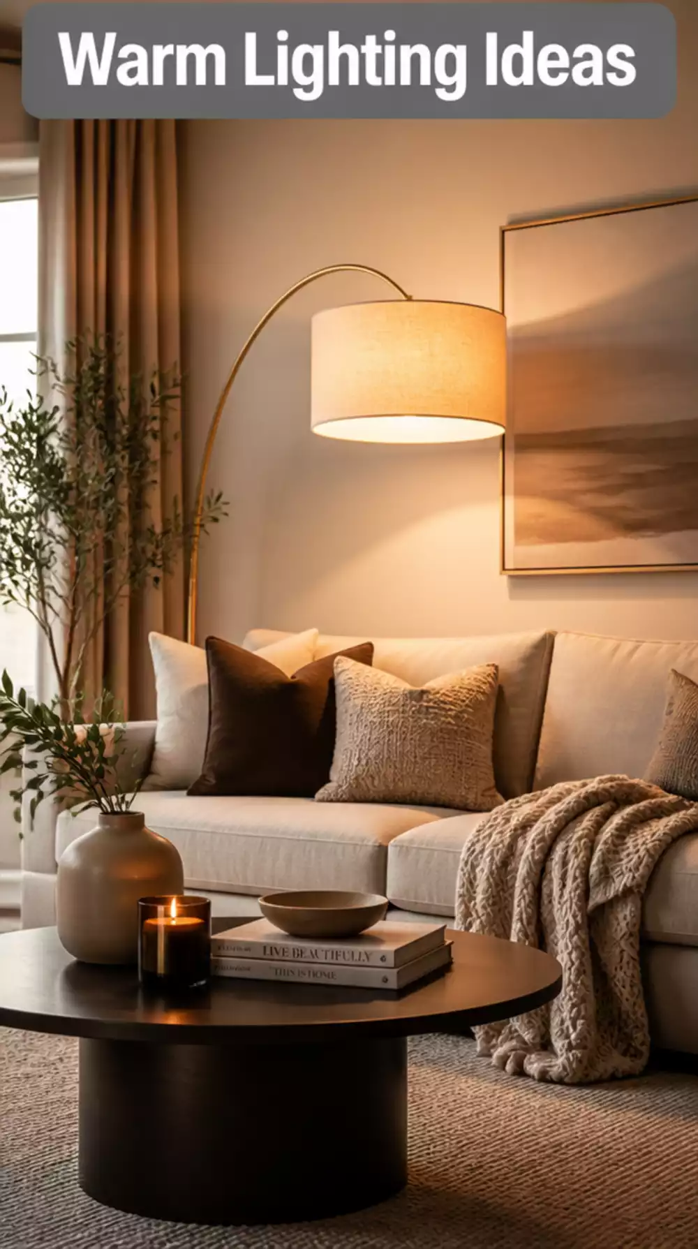 Living Room Arc Floor Lamp Behind Sofa to Layer Warm Background Light