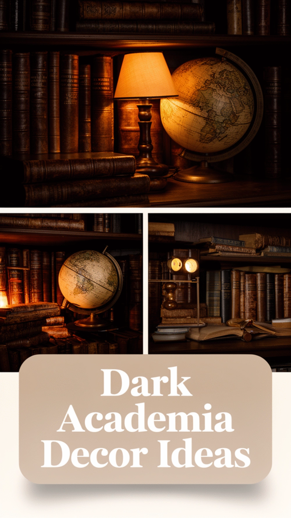 Bedroom Dark Academia Bookshelf Styled With Leather-Bound Books- a Globe- and Warm Lamplight