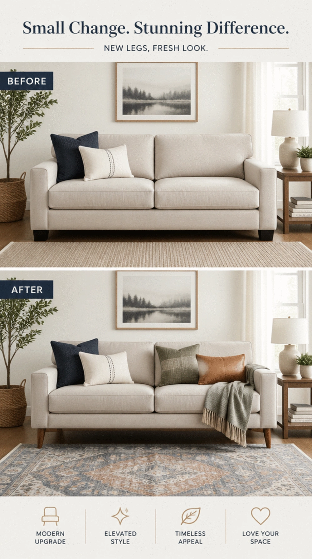 The Living Room Sofa Leg Swap Trick That Refreshes a Cheap Couch in Twenty Minutes