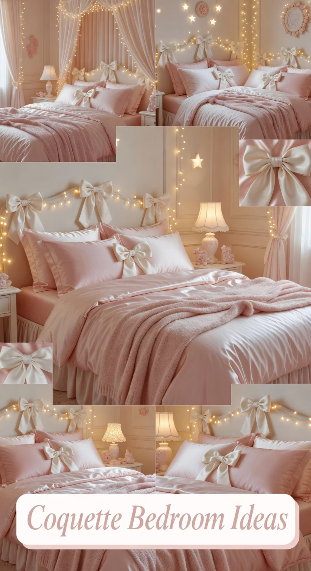 Bedroom Coquette Aesthetic Using Blush Satin Pillowcases- Bows- and Fairy Lights