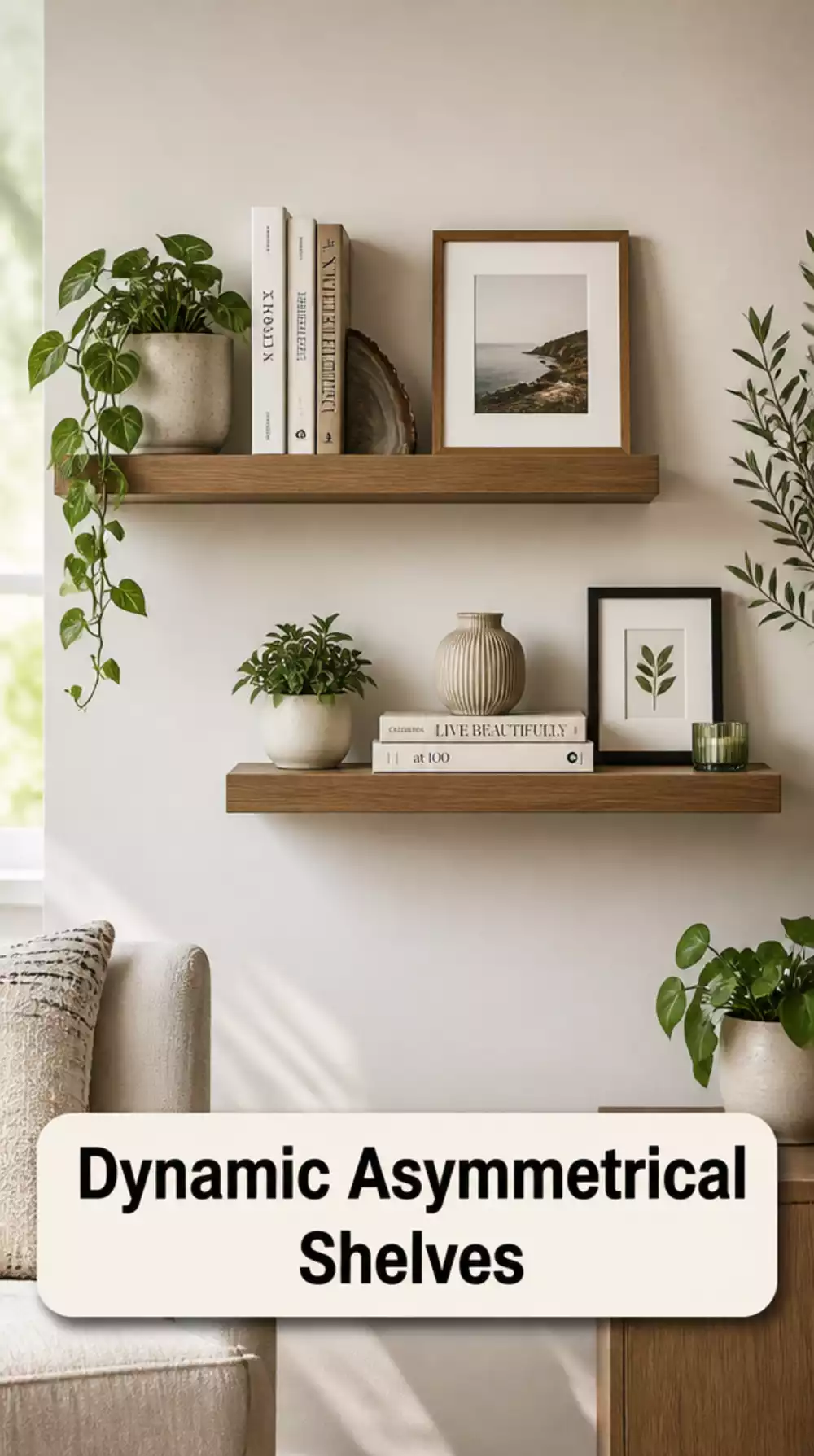 Living Room Floating Shelf Pair at Different Heights That Creates a Dynamic Asymmetric Wall