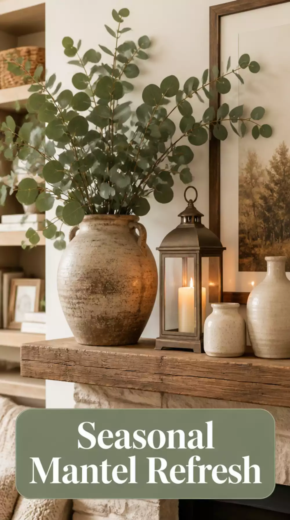 Living Room Mantel Seasonal Refresh Using Eucalyptus Stems, a Lantern, and a Simple Ceramic