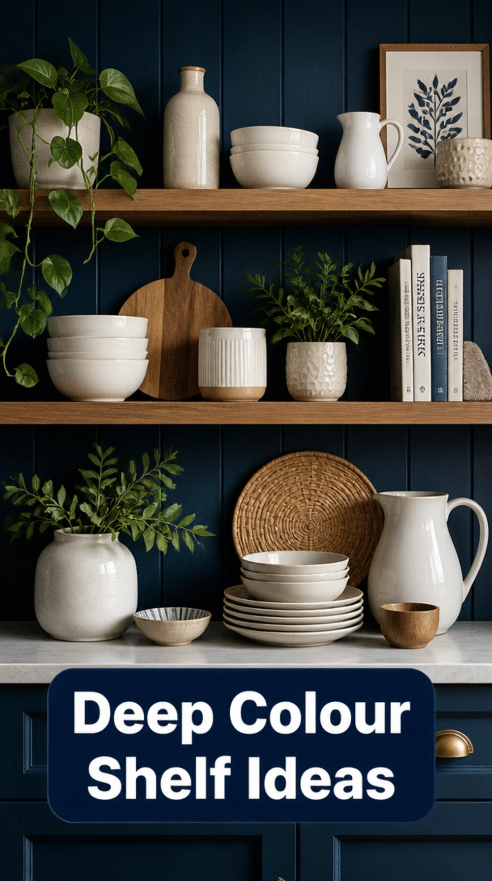 Kitchen Open Shelf Backing Painted in a Deep Colour That Makes White Ceramics Pop Dramatically