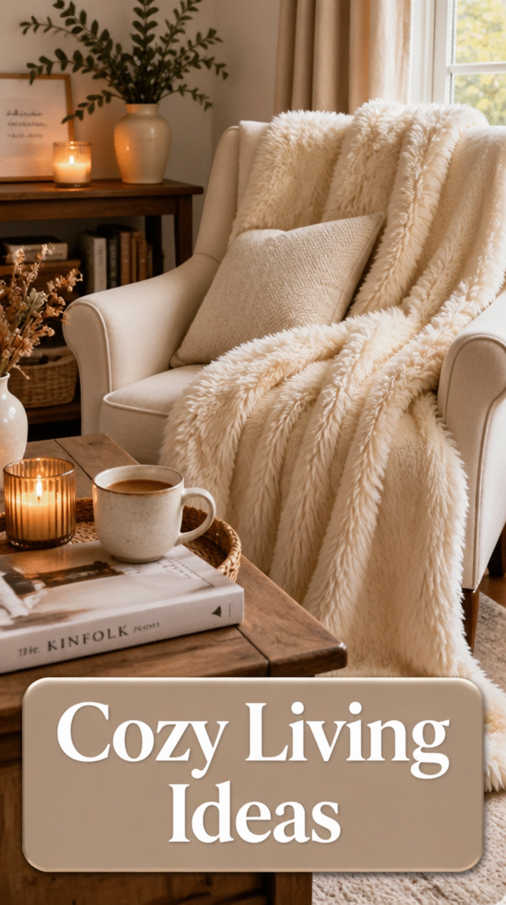 Living Room Faux Fur Throw in a Cream Ivory Tone for a Cozy Statement Corner