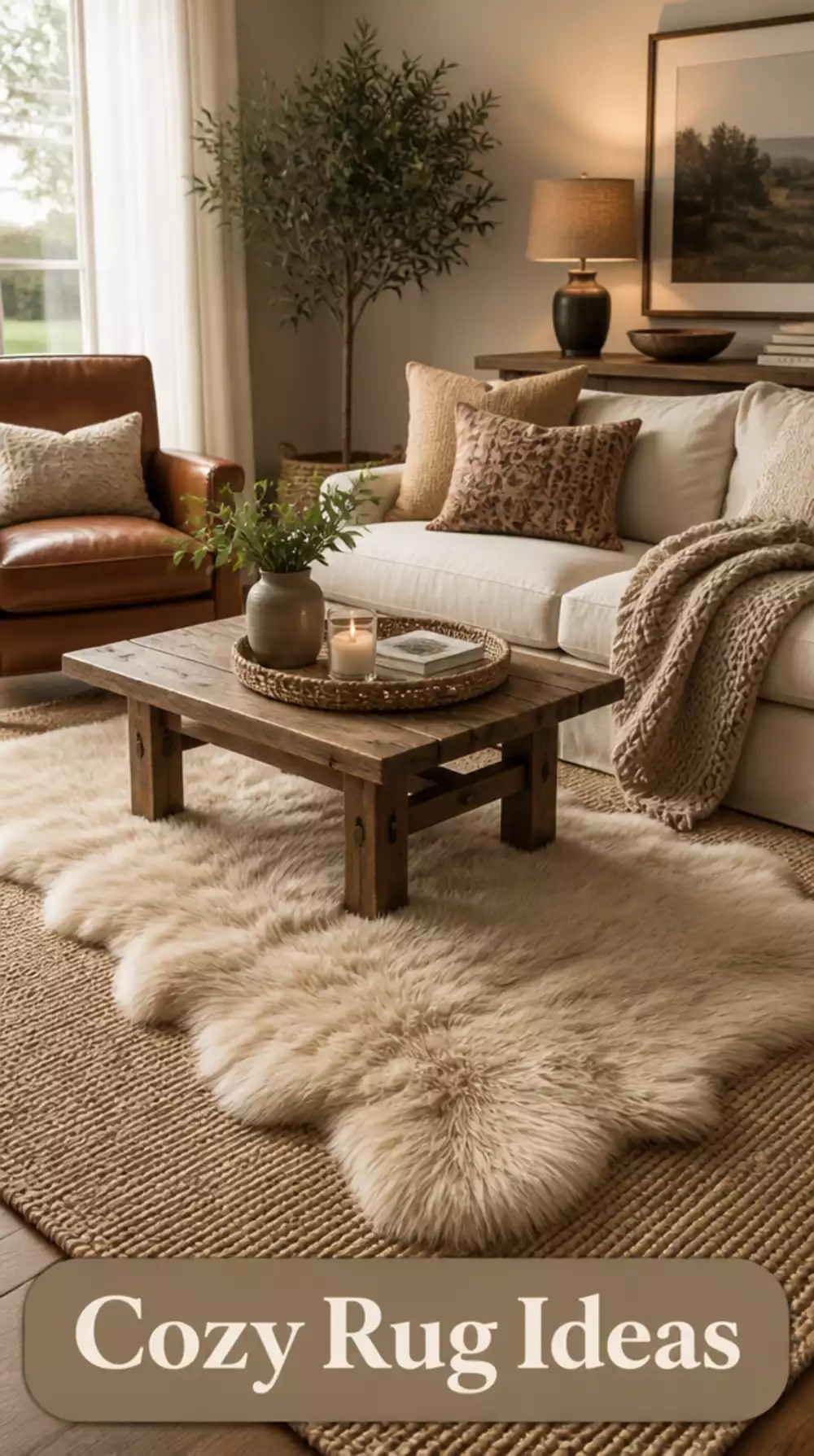 Living Room Faux Sheepskin Rug Layered Over a Jute Base for Maximum Cozy Texture Underfoot