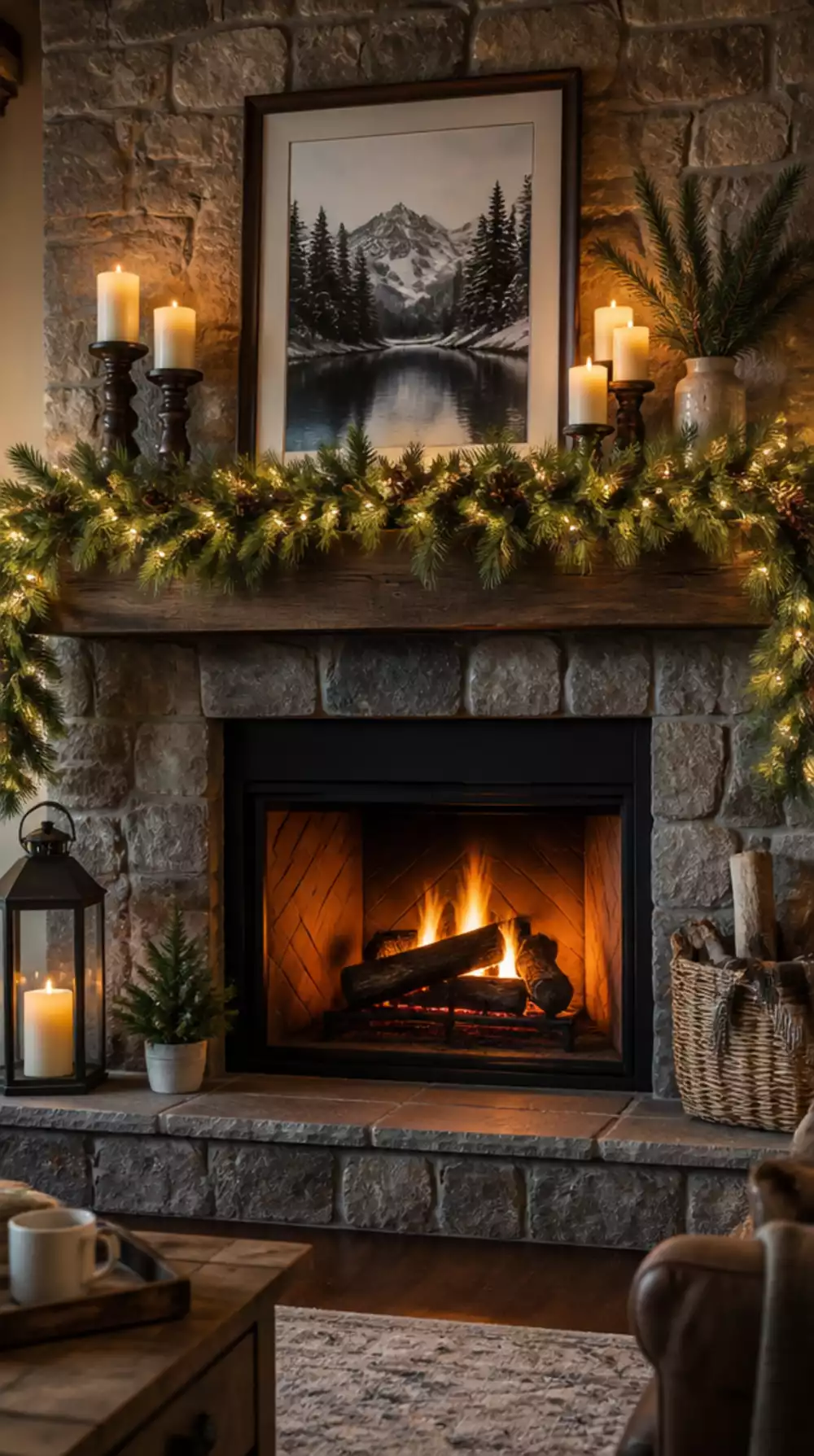 Living Room Christmas Mantel Styled With Pine Stems and White Candles