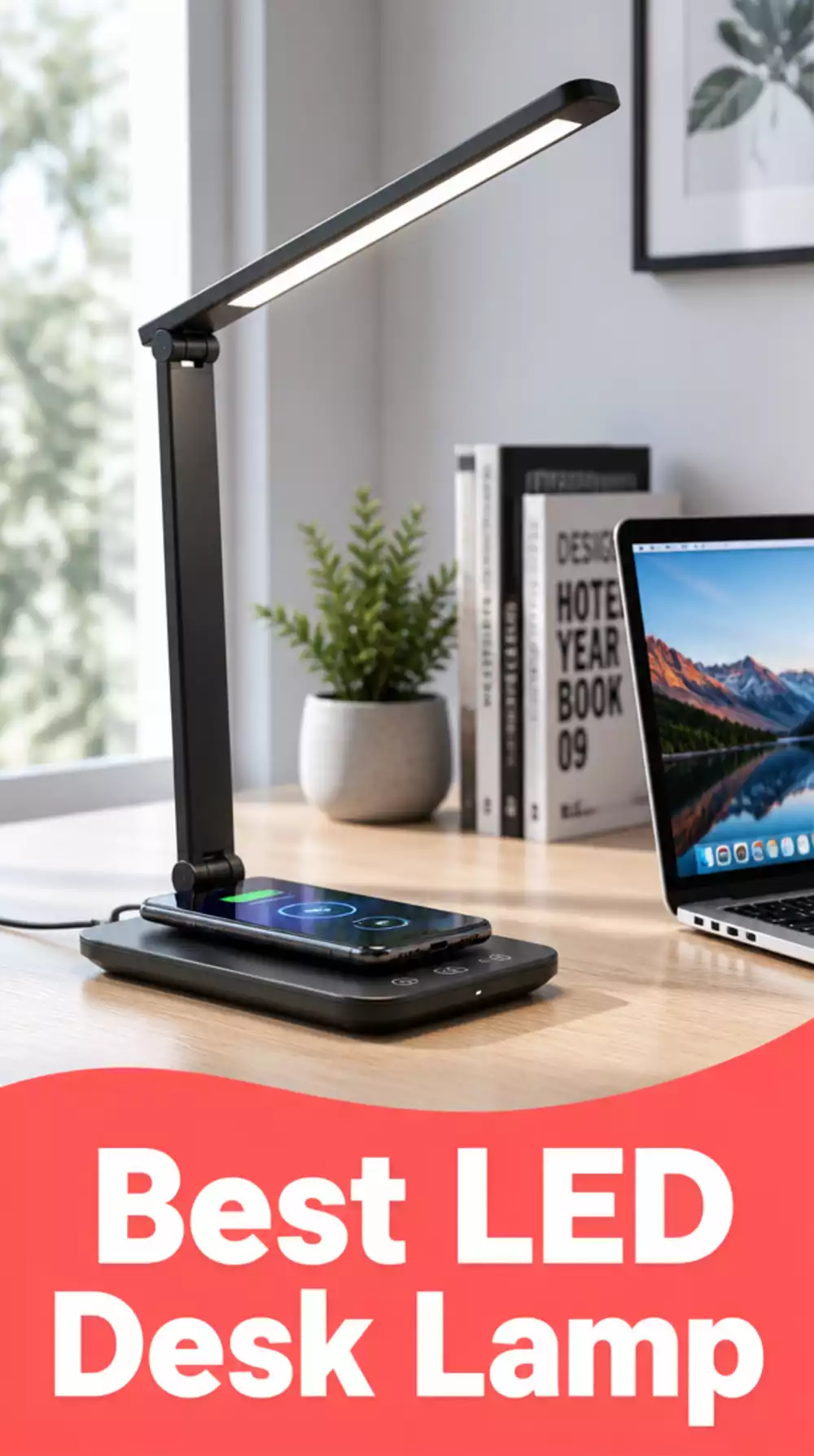 Home Office LED Desk Lamp With a Wireless Charger Base That Saves Counter Space