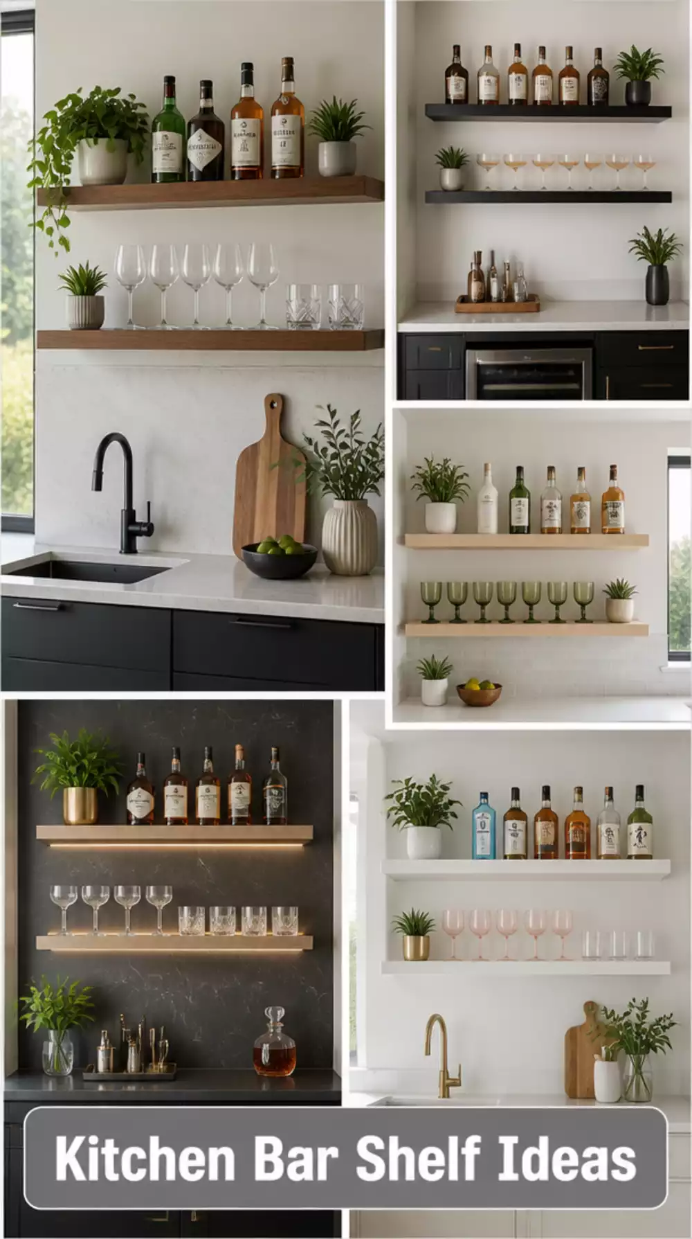 Kitchen Floating Bar Shelf Mounted on the Wall With Open Glassware and Bottle Display