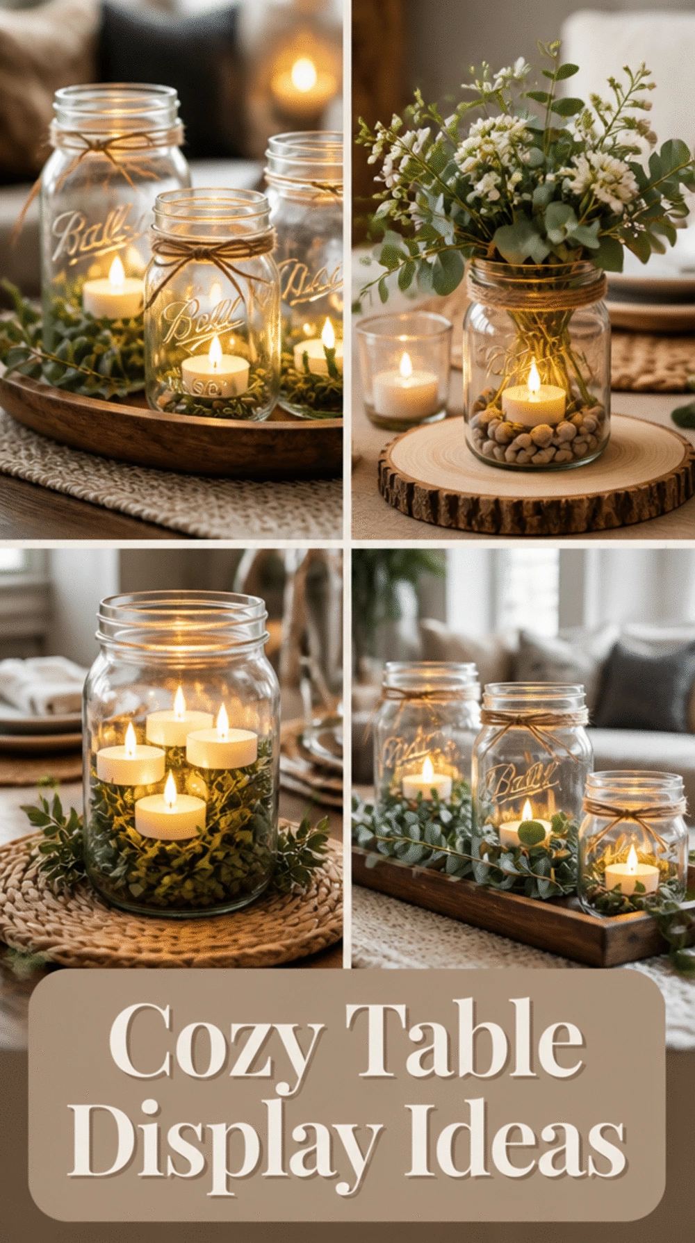 Living Room Dollar Store LED Tea Light Set Placed Inside Glass Jars for a Cozy Table Display