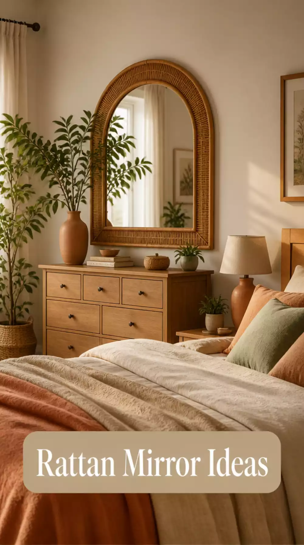 Bedroom Arched Rattan Mirror Above the Dresser That Adds Warmth and Height