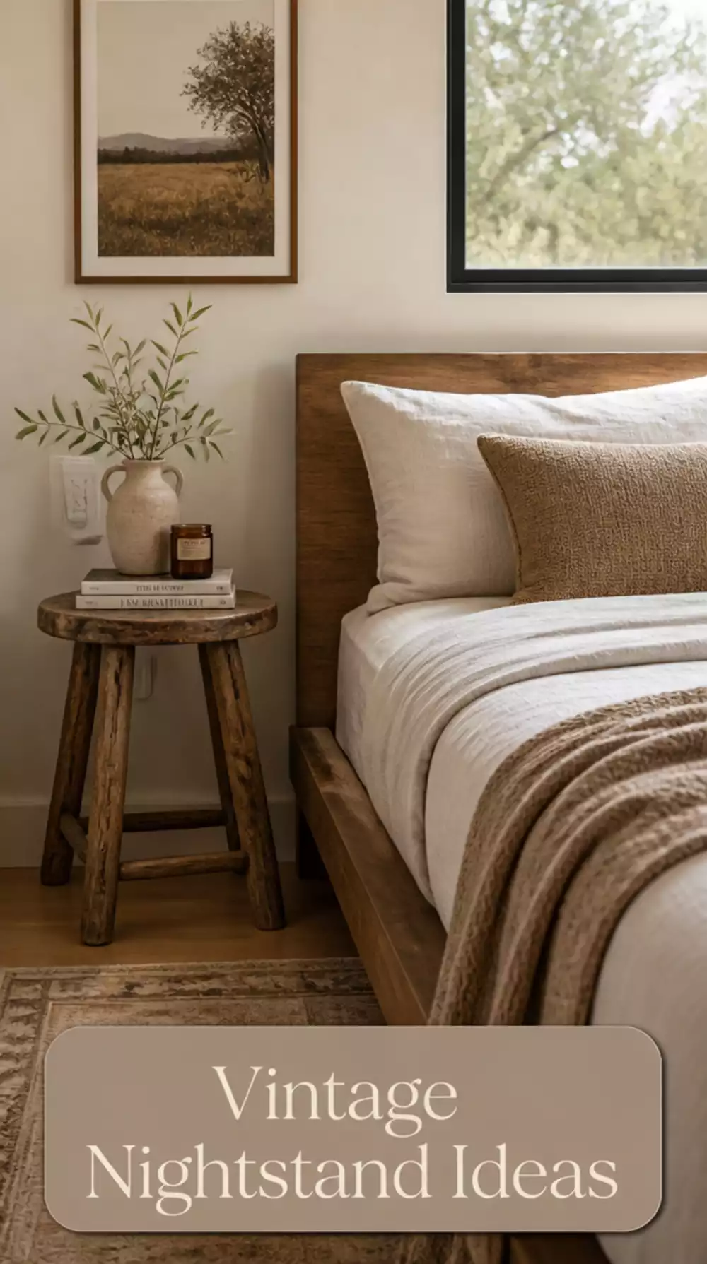 Vintage Wooden Stool Nightstand with Modern Platform Bed