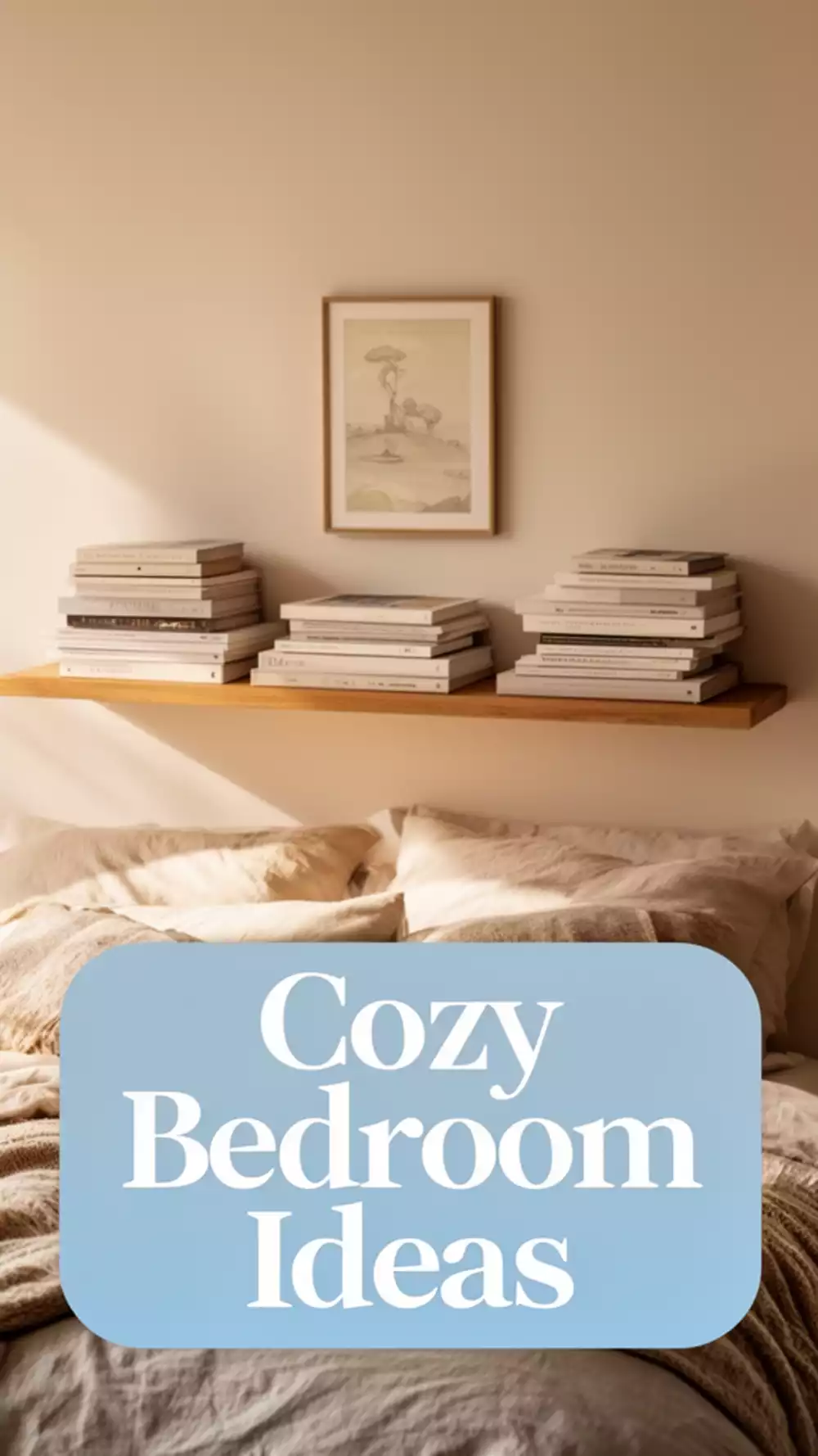 Bedroom Floating Bookshelf Display With Books Stacked Horizontally Under a Small Framed Print