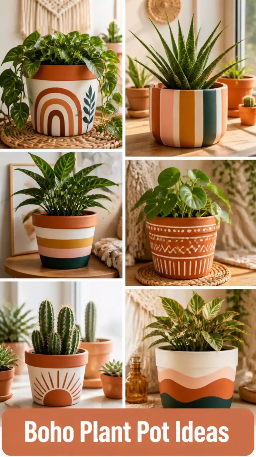 DIY Plant Pot Painted in a Terracotta Stripe for a Boho Styled Shelf Display