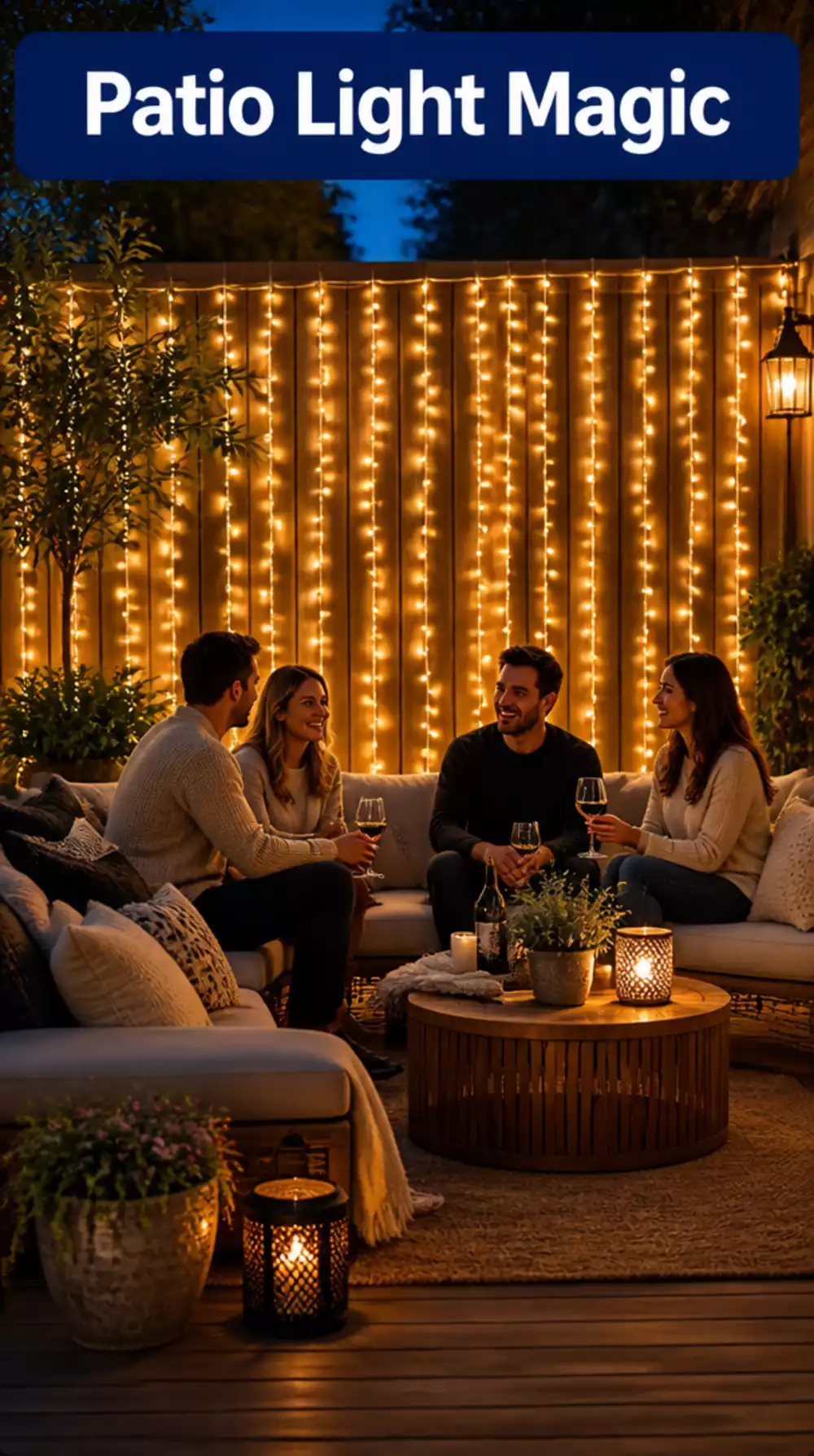 Transform a plain patio wall with enchanting string light curtains