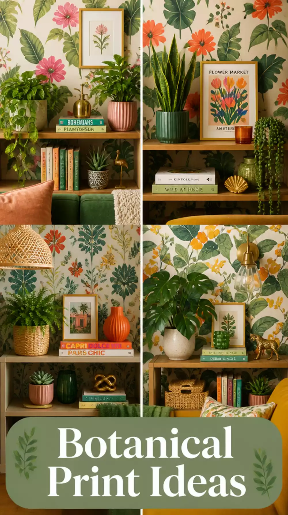 Living Room Open Shelf Back Panel Wallpapered in a Botanical Print for a Feature Display