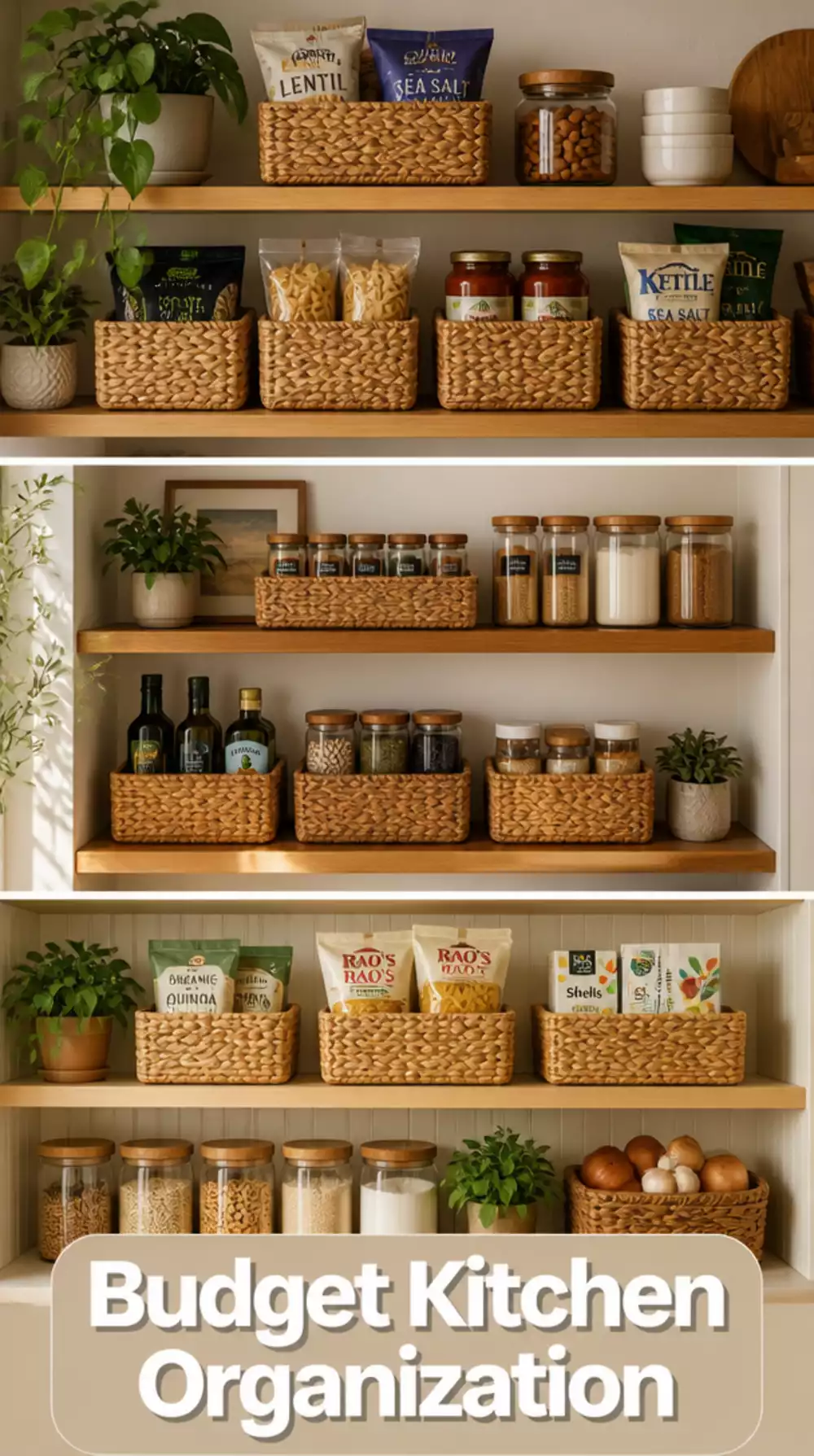 Kitchen Woven Basket Set on Open Shelves That Makes Pantry Items Look Tidy