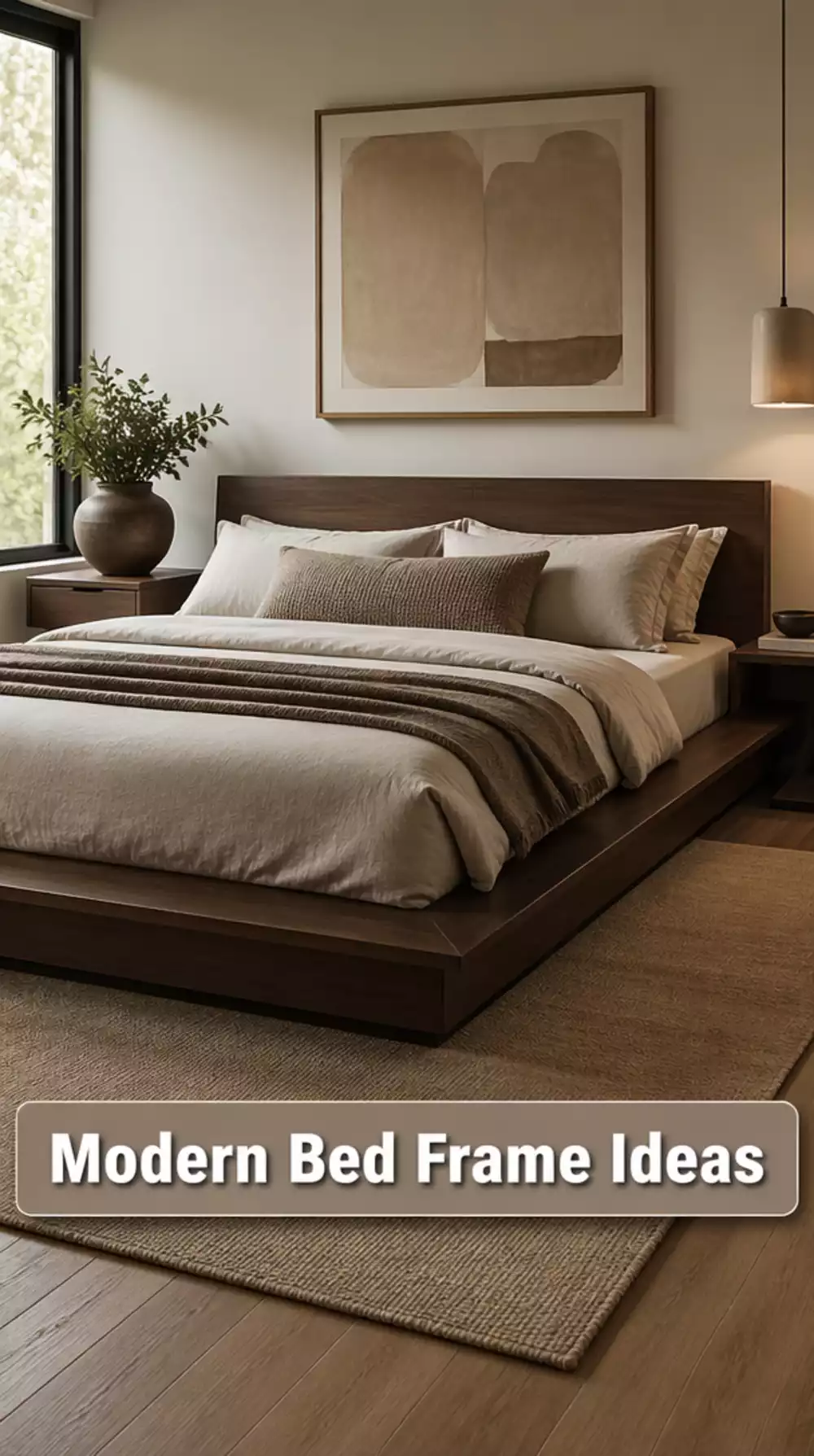 Bedroom Modern Platform Bed Frame in a Dark Walnut Veneer for a Sleek Low-Profile Look