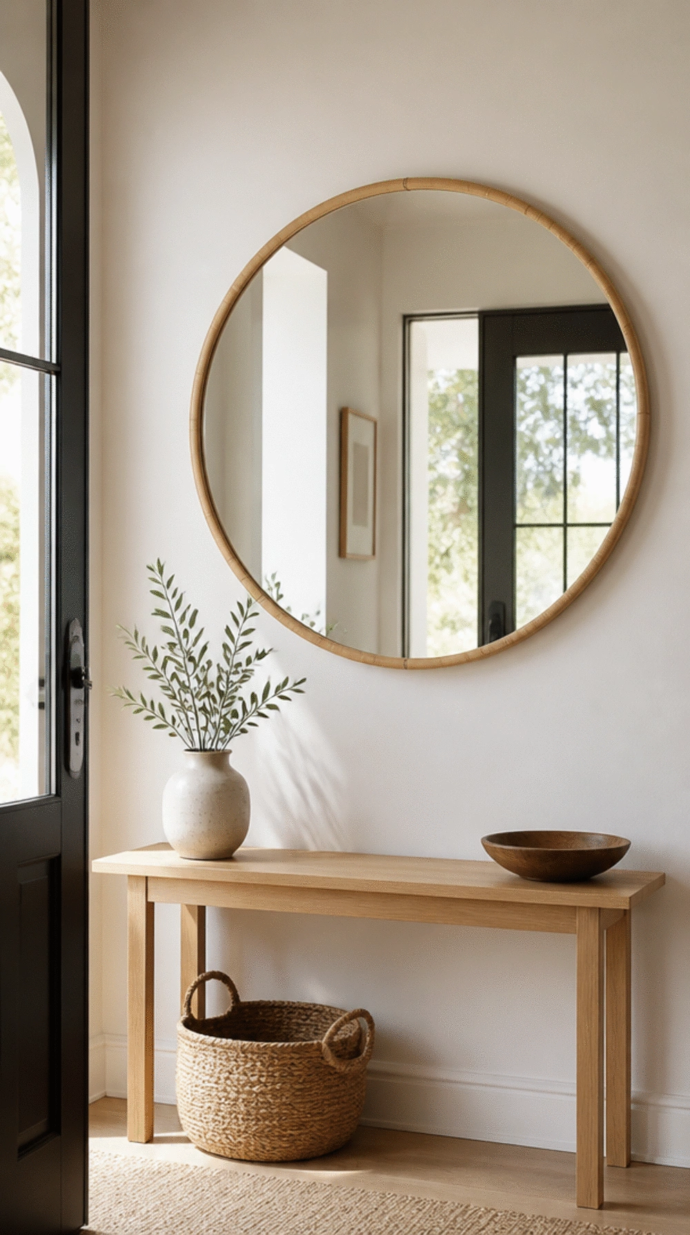 Entryway Round Mirror in a Slim Bamboo Frame That Opens a Narrow Hall
