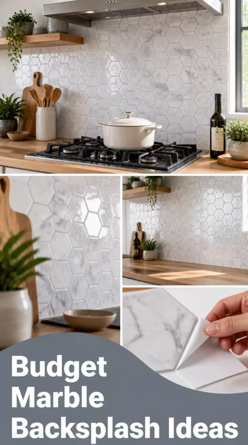 Kitchen Peel-and-Stick Marble Hexagon Tile Behind the Hob as a Budget Feature Splashback