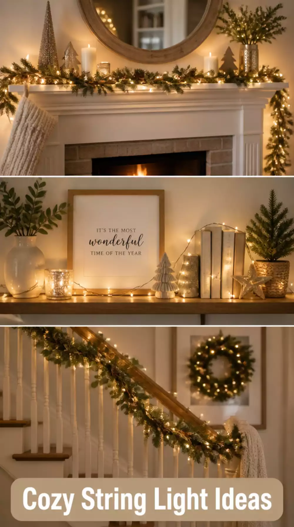 Living Room Christmas String Light Arrangement Draped Along a Shelf or Banister for Warm Glow