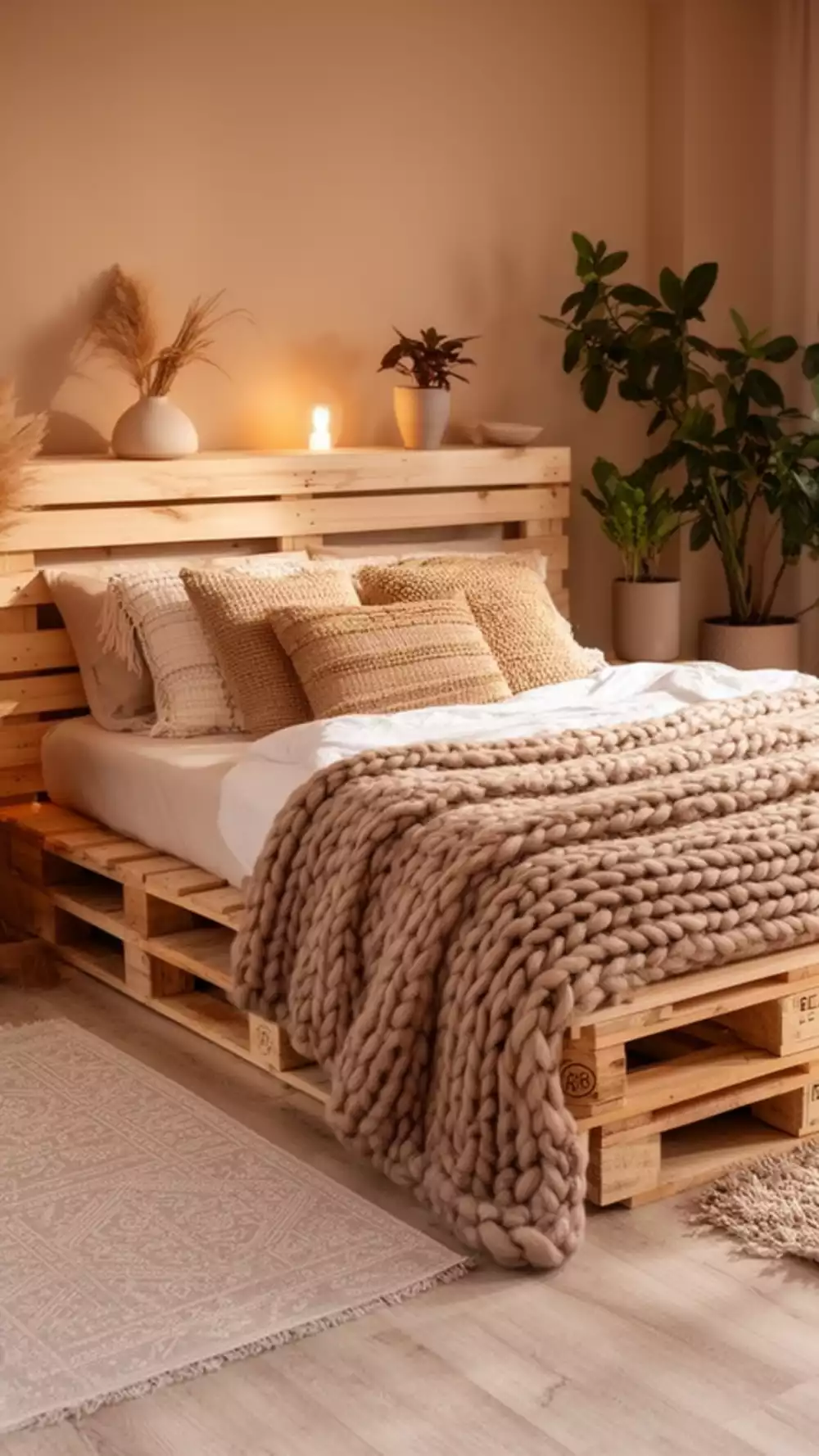Bedroom Wooden Pallet Bed Frame in a Natural Light Oak for a Rustic Boho Look