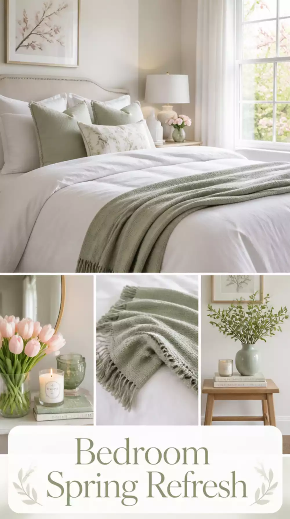 Bedroom Spring Duvet Cover Swap to a Crisp White With a Soft Sage Throw for Layering