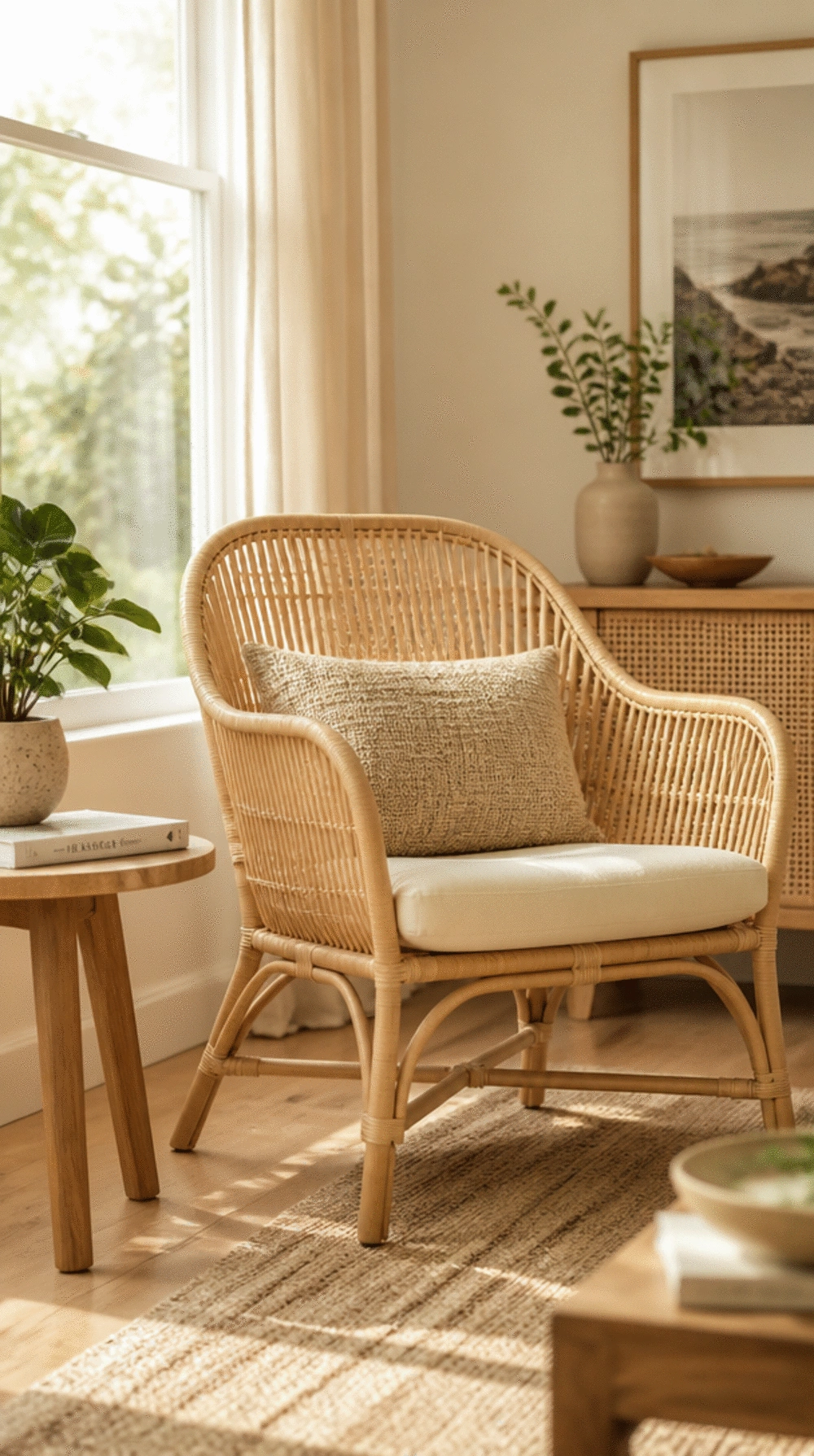 Living Room Rattan Accent Chair in a Pale Natural Finish Paired With a Woven Cushion