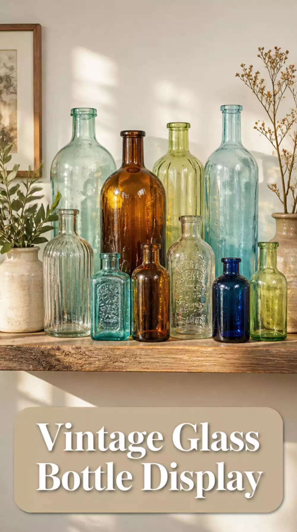 Bedroom Vintage Glass Bottle Collection on a Floating Shelf as a Curated Modern Display
