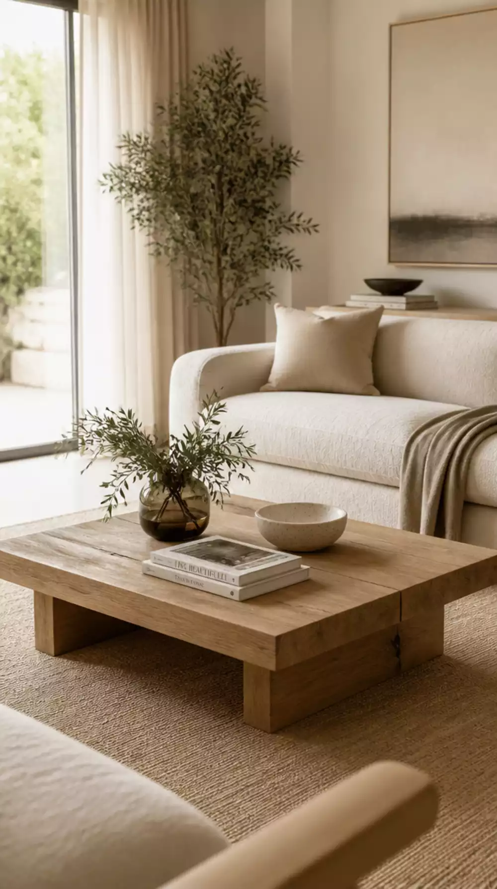 Living Room Low Wooden Coffee Table in a Raw Oak Finish for a Japandi Grounded Aesthetic