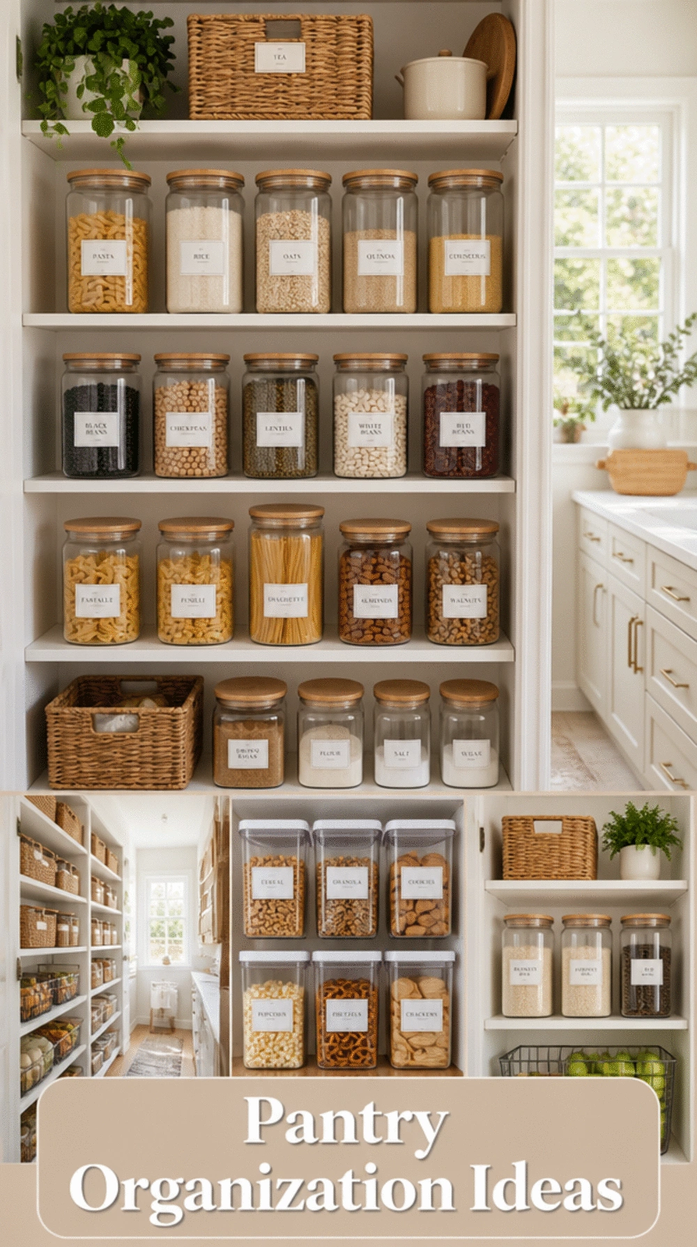 Pantry Clear Glass Canister Set Decanted With Dry Goods and a Simple Label System