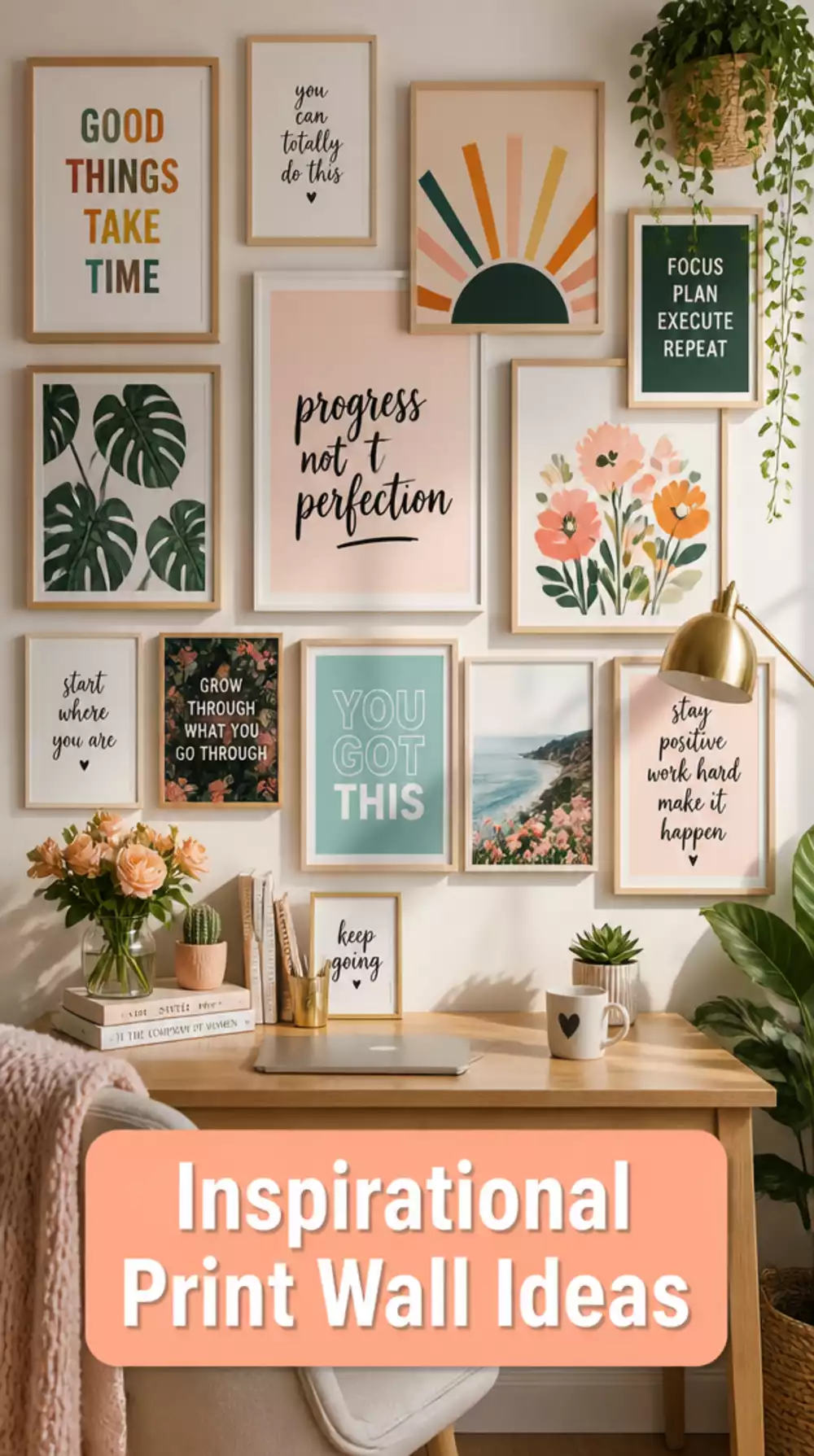 Home Office Framed Inspirational Print Wall Using Art Downloaded and Printed at Home