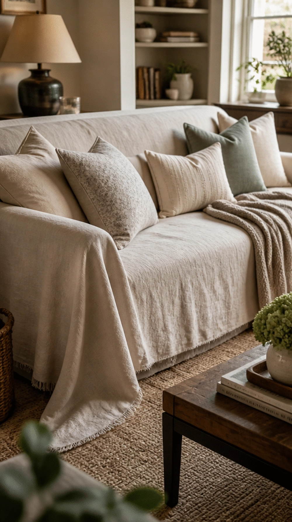 Living Room Oatmeal Linen Sofa Cover That Instantly Gives a Budget Couch a Neutral Refresh