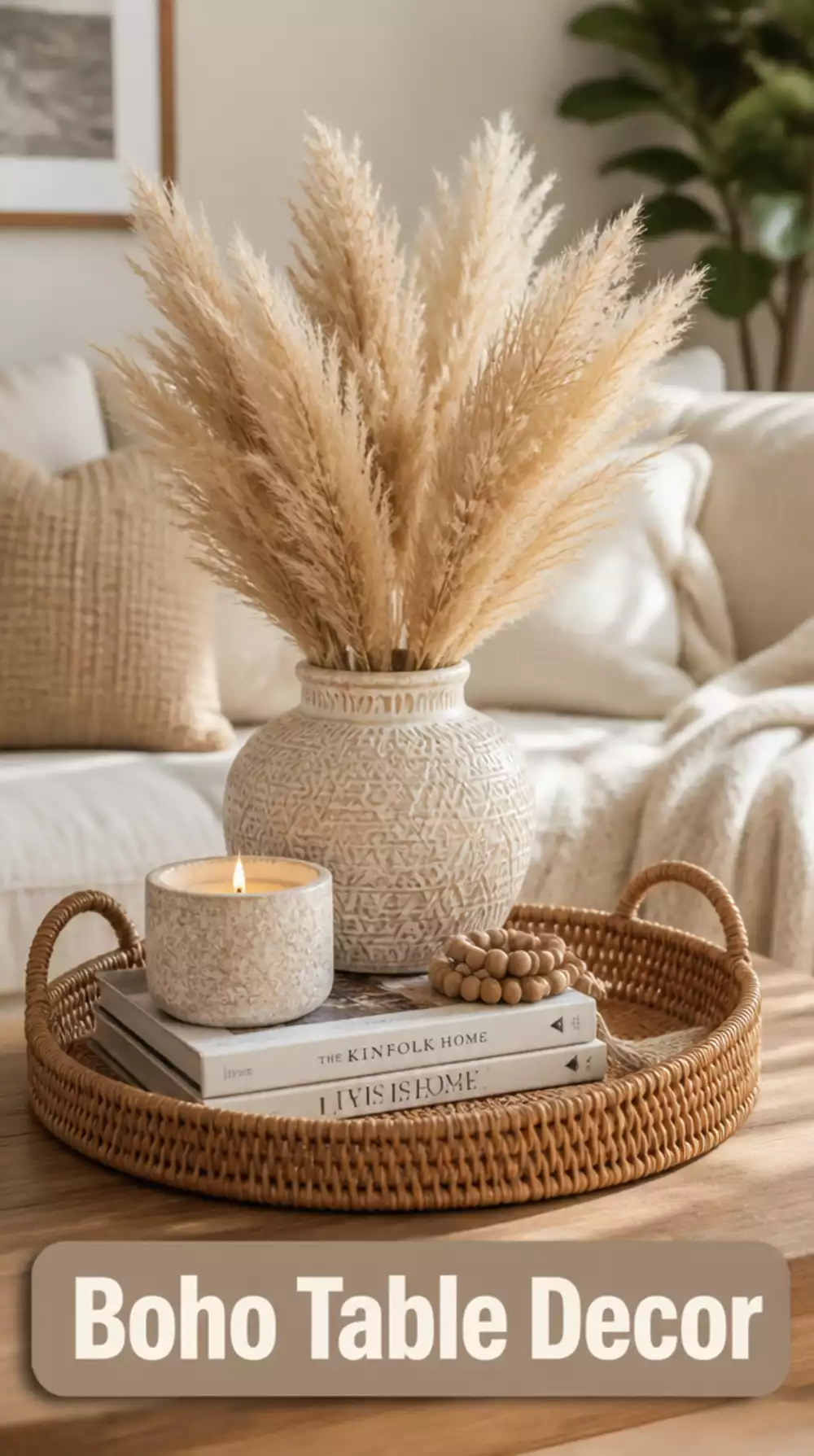 Boho Dried Pampas and Rattan Tray Coffee Table Ideas