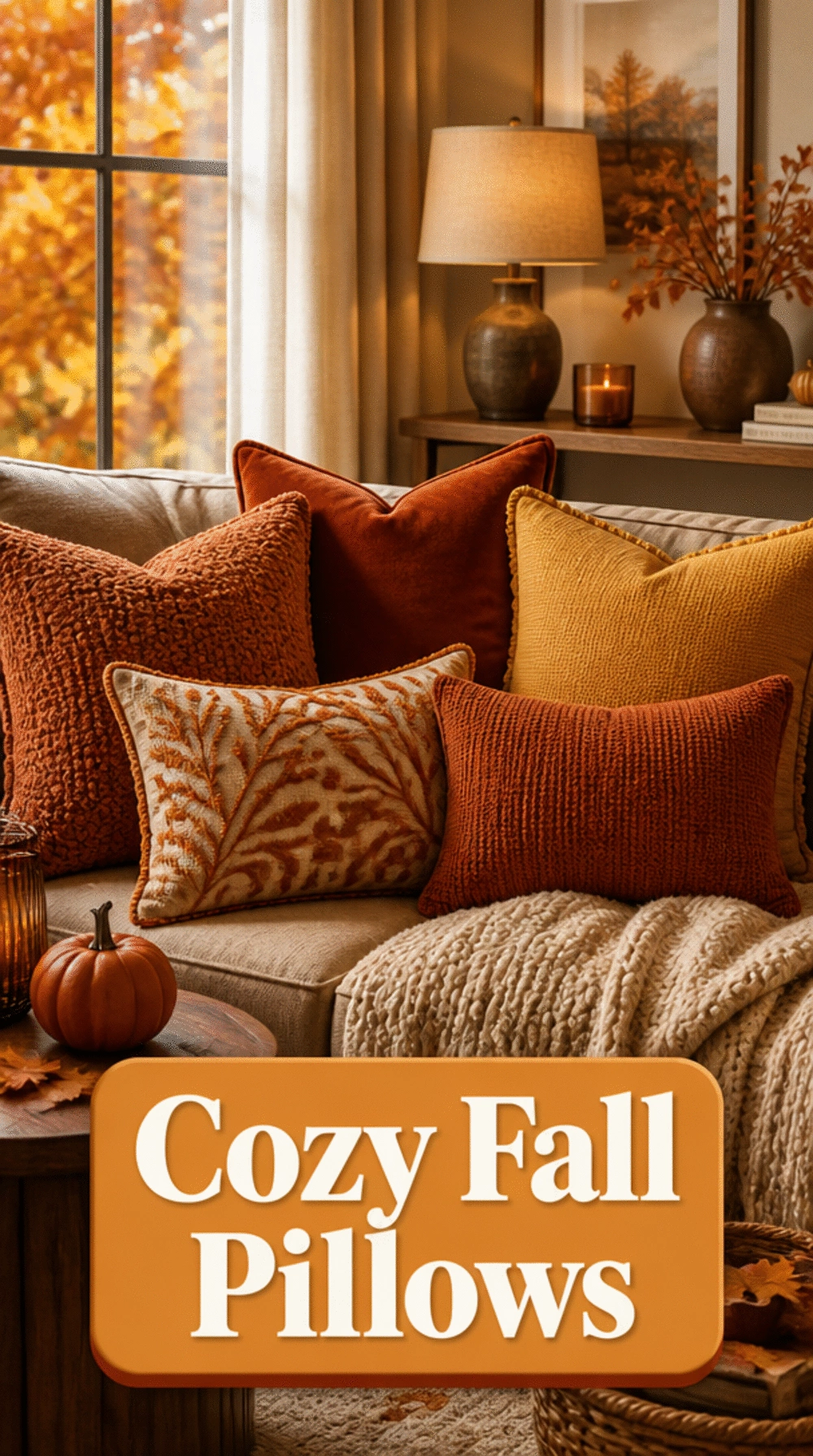 Living Room Fall Throw Pillow Cover Swap to a Deep Rust and Mustard Set for the Season