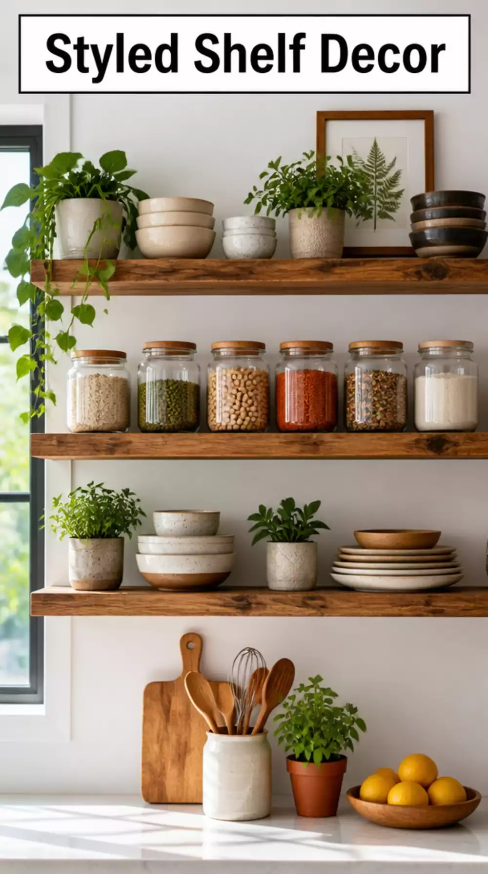 Styled Floating Kitchen Shelf with Jars and Plants