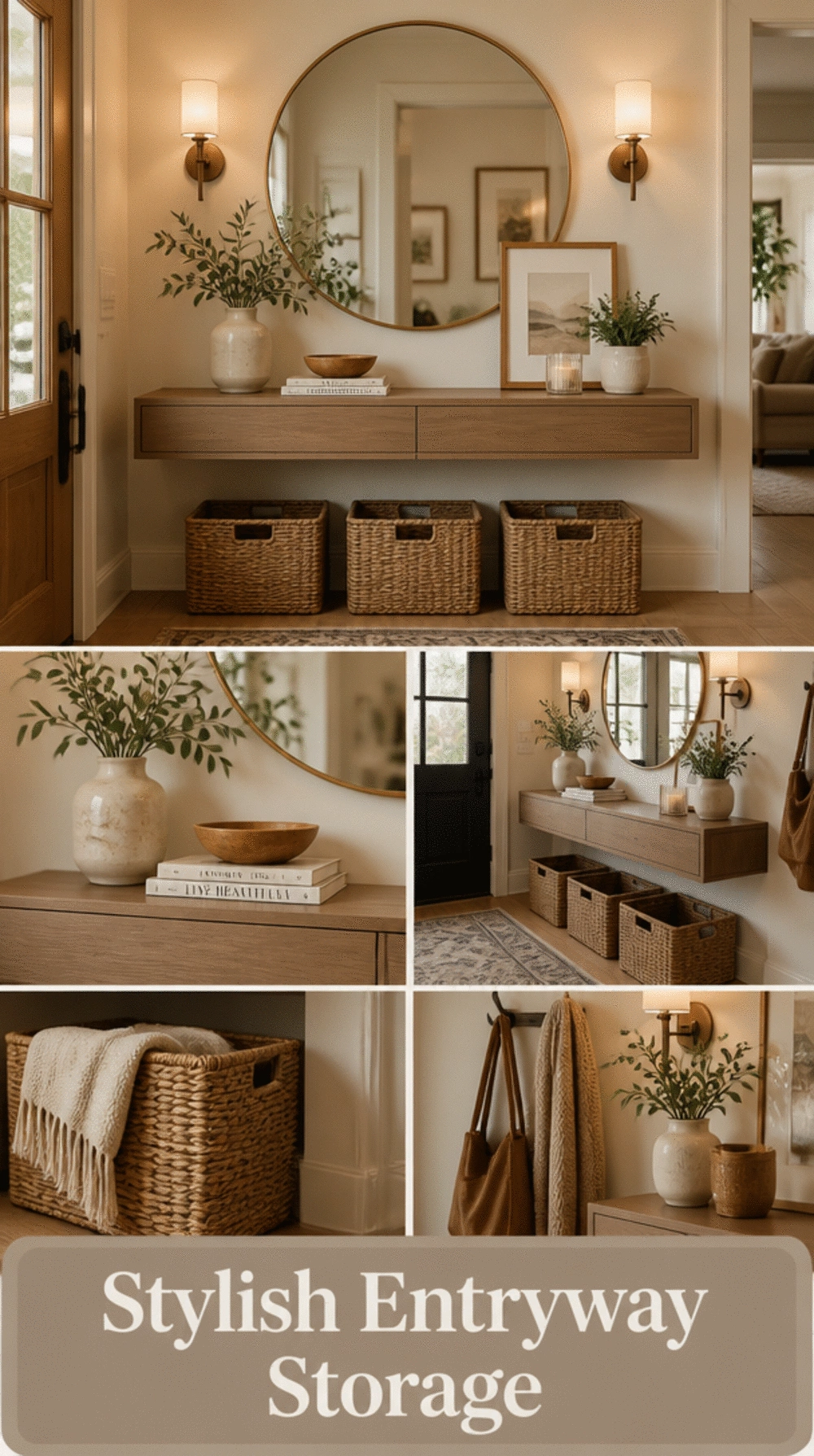 Entryway Floating Console Table with Woven Baskets That Catches Daily Clutter